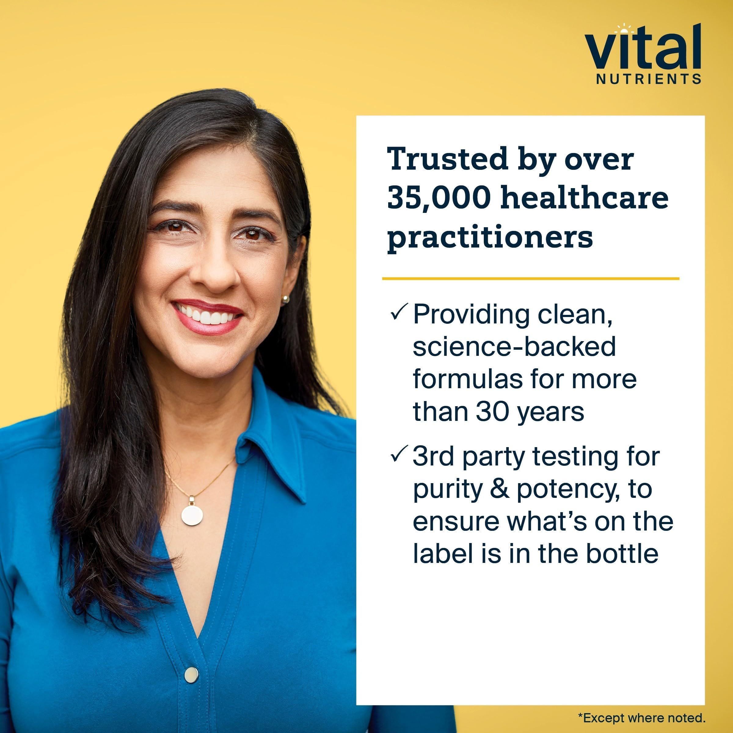 Vital Nutrients etiqueta con información de ingredientes y pruebas