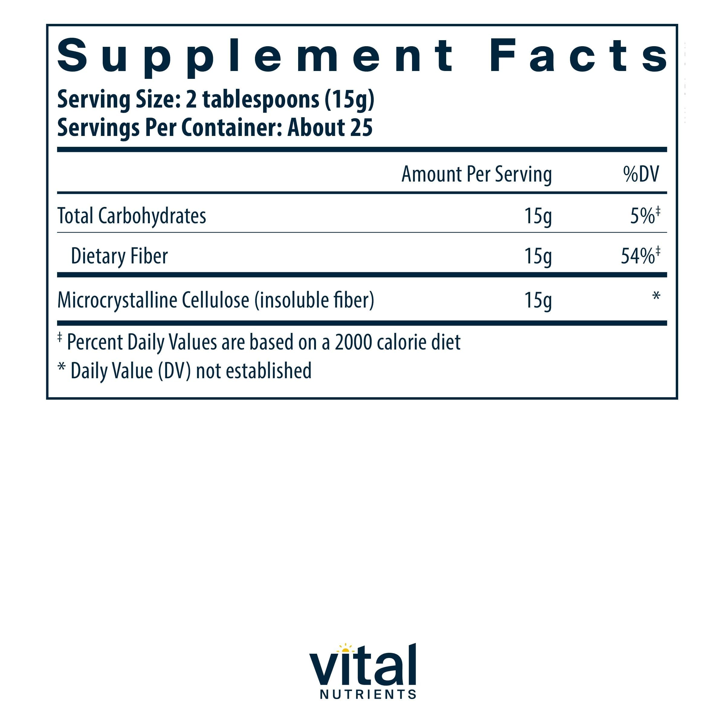 Vital Nutrients polvo de celulosa cerca para apreciar su textura fina y pura