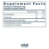 Vital Nutrients polvo de celulosa cerca para apreciar su textura fina y pura
