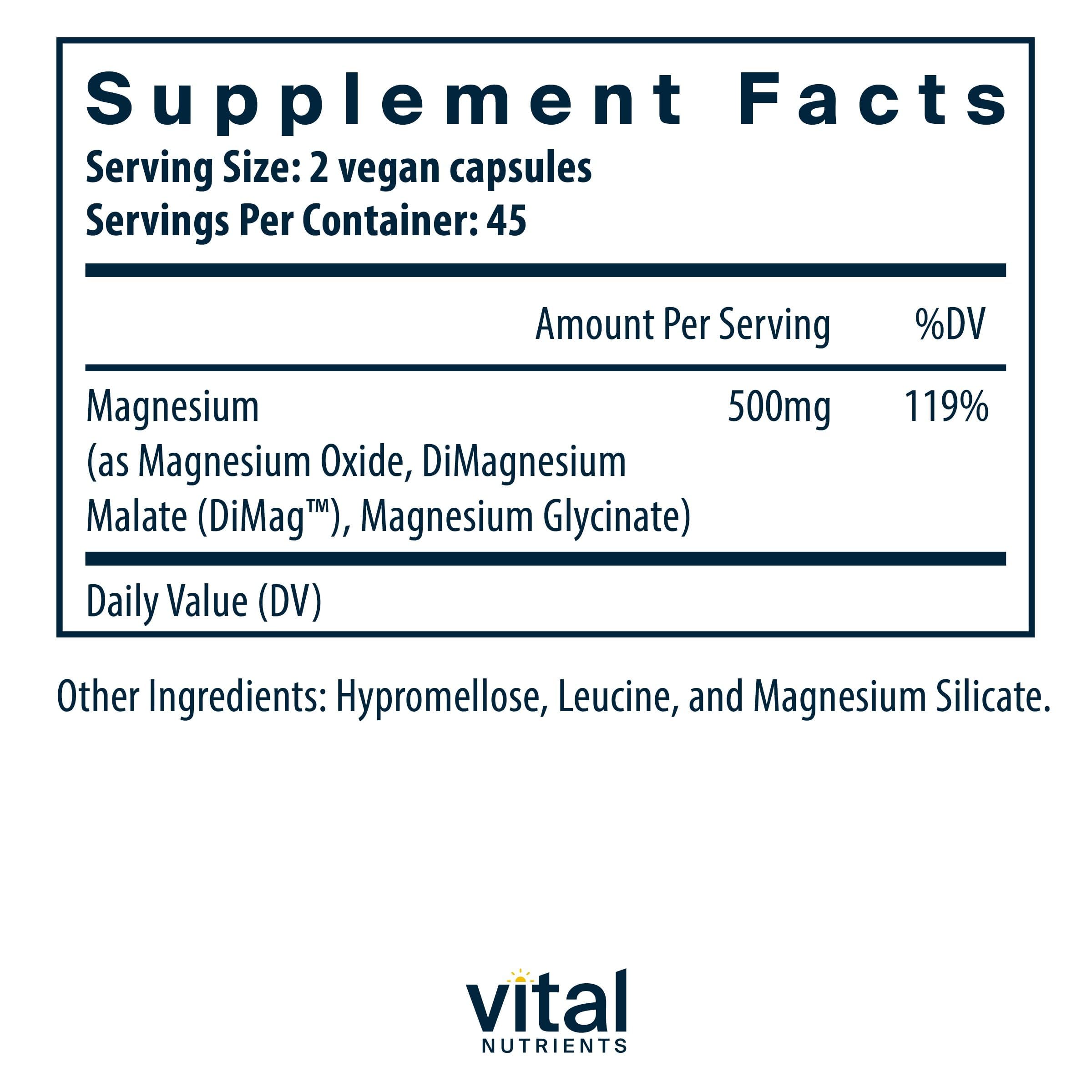 Vital Nutrients cápsulas del Triple Magnesium Complex enfocadas en su revestimiento suave y absorción