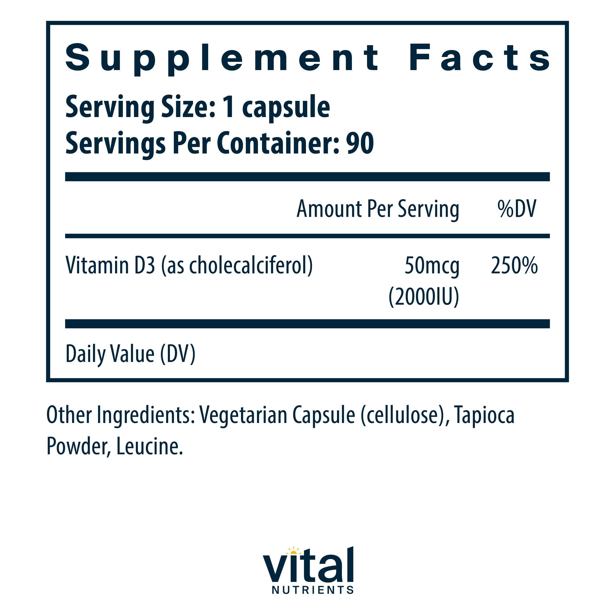 Vital Nutrients close-up de cápsula D3, textura y tamaño fácil de tragar