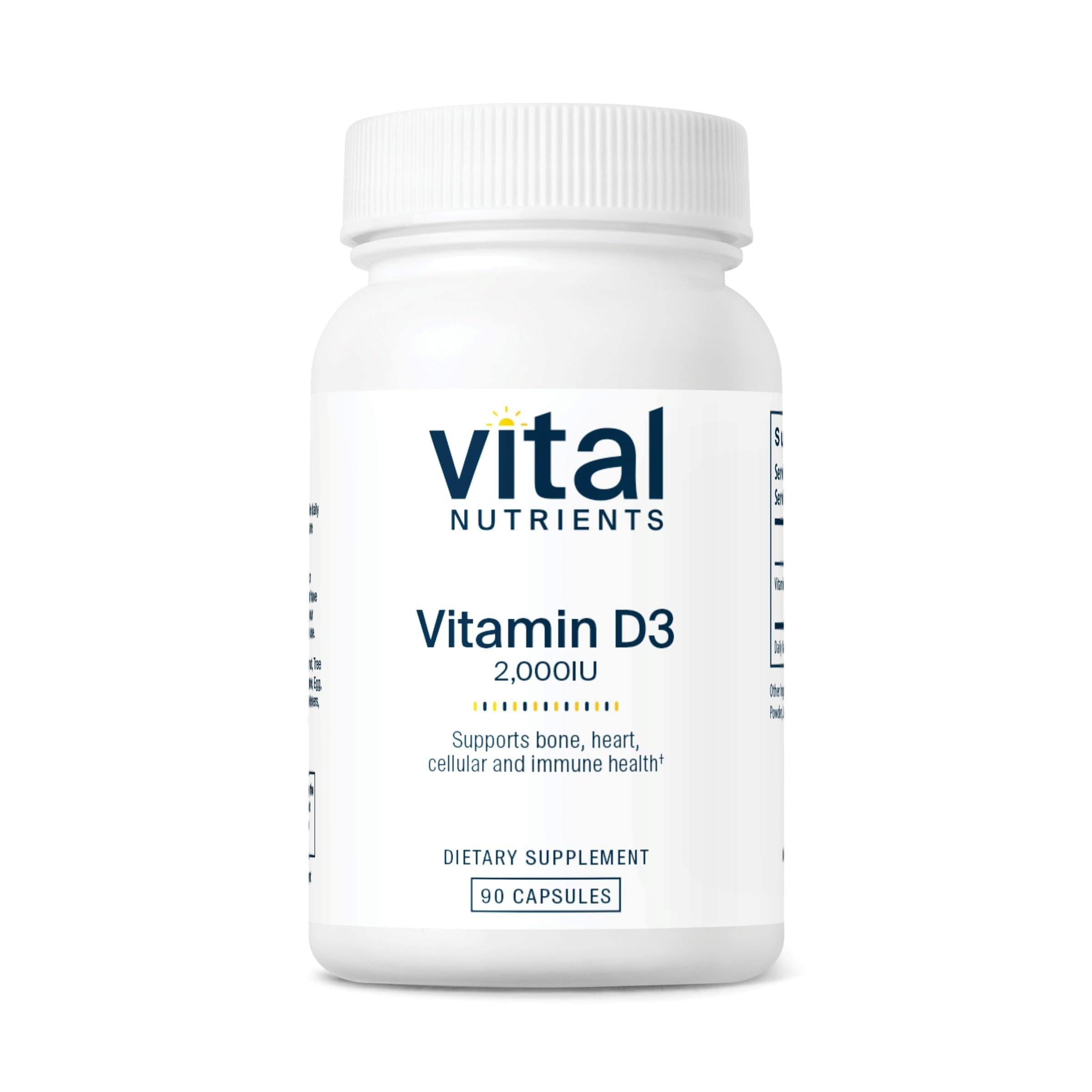 Vital Nutrients envase frontal de vitamina D3 mostrando 2.000 UI y 90 cápsulas