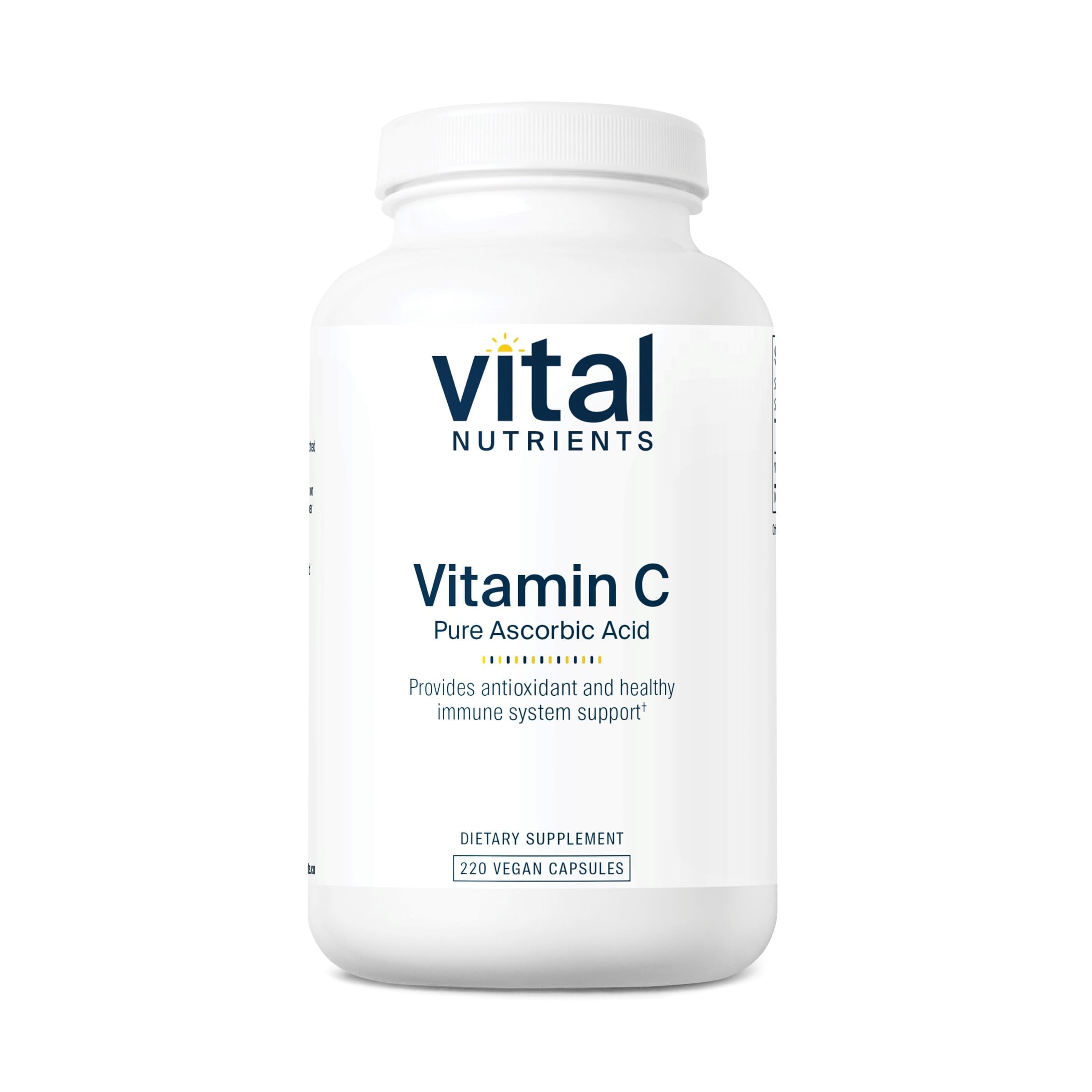 Vital Nutrients frasco frontal mostrando la etiqueta y beneficios de la vitamina C