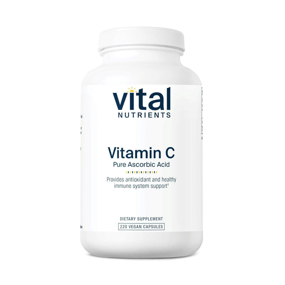 Vital Nutrients frasco frontal mostrando la etiqueta y beneficios de la vitamina C