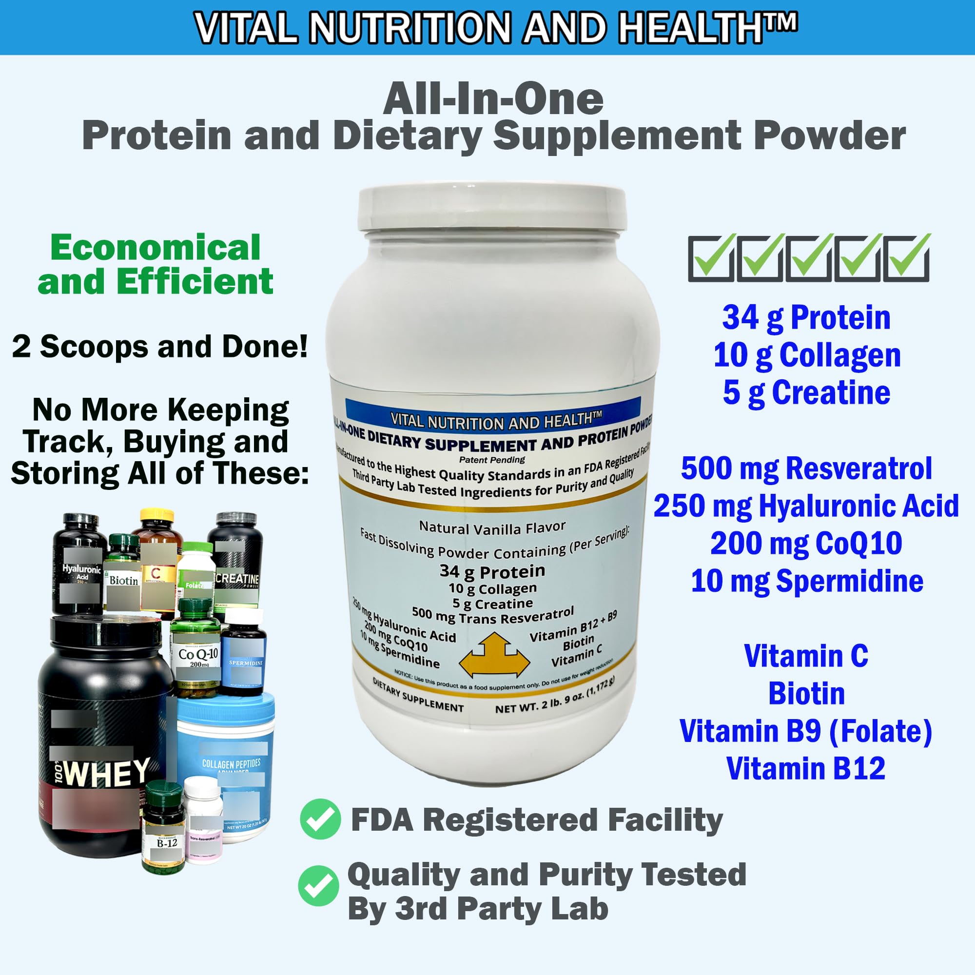 Vital Nutrition textura del polvo en cuchara, fácil disolución y sabor