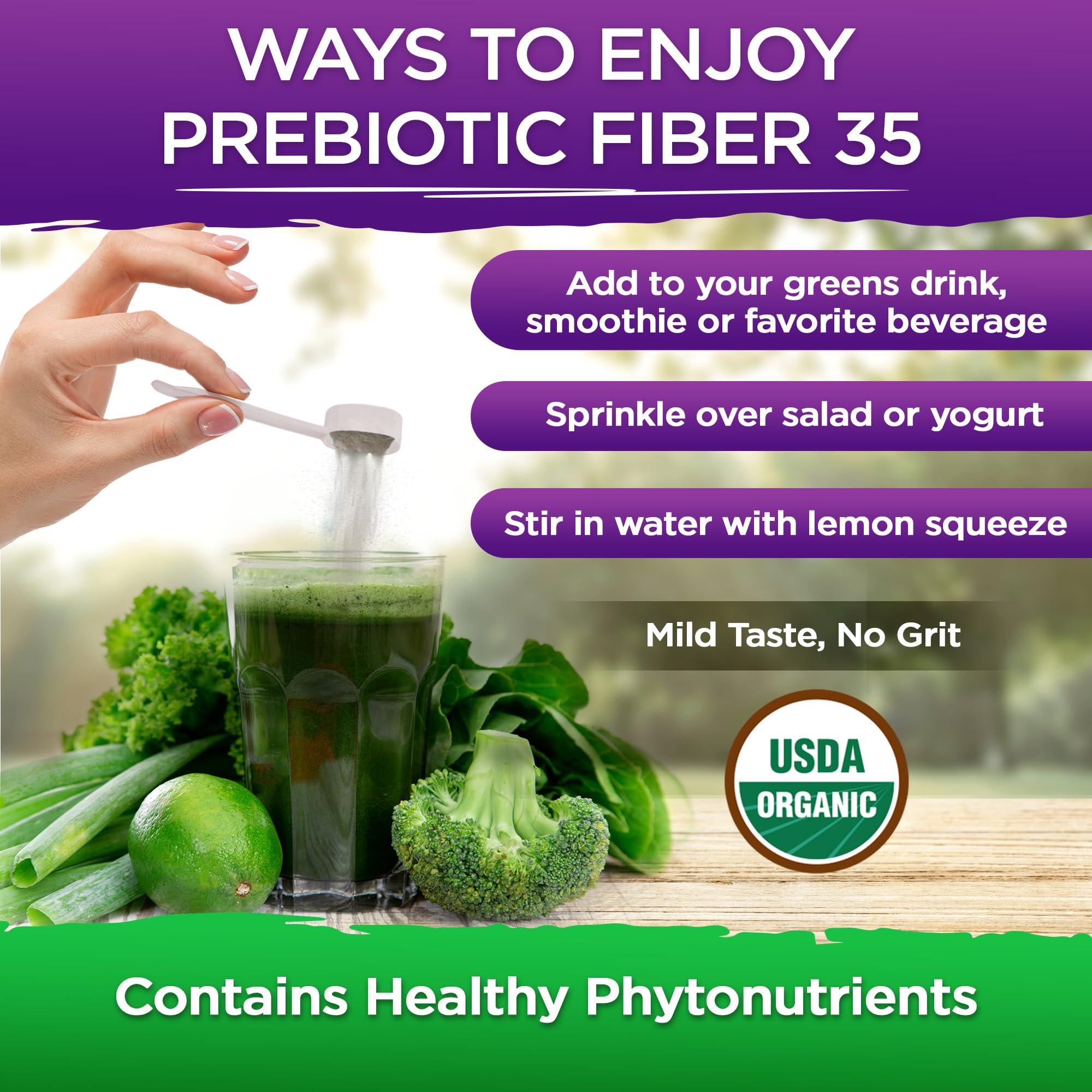 Vital Planet etiqueta de ingredientes en close-up indicando 35 fuentes prebióticas