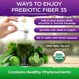 Vital Planet etiqueta de ingredientes en close-up indicando 35 fuentes prebióticas