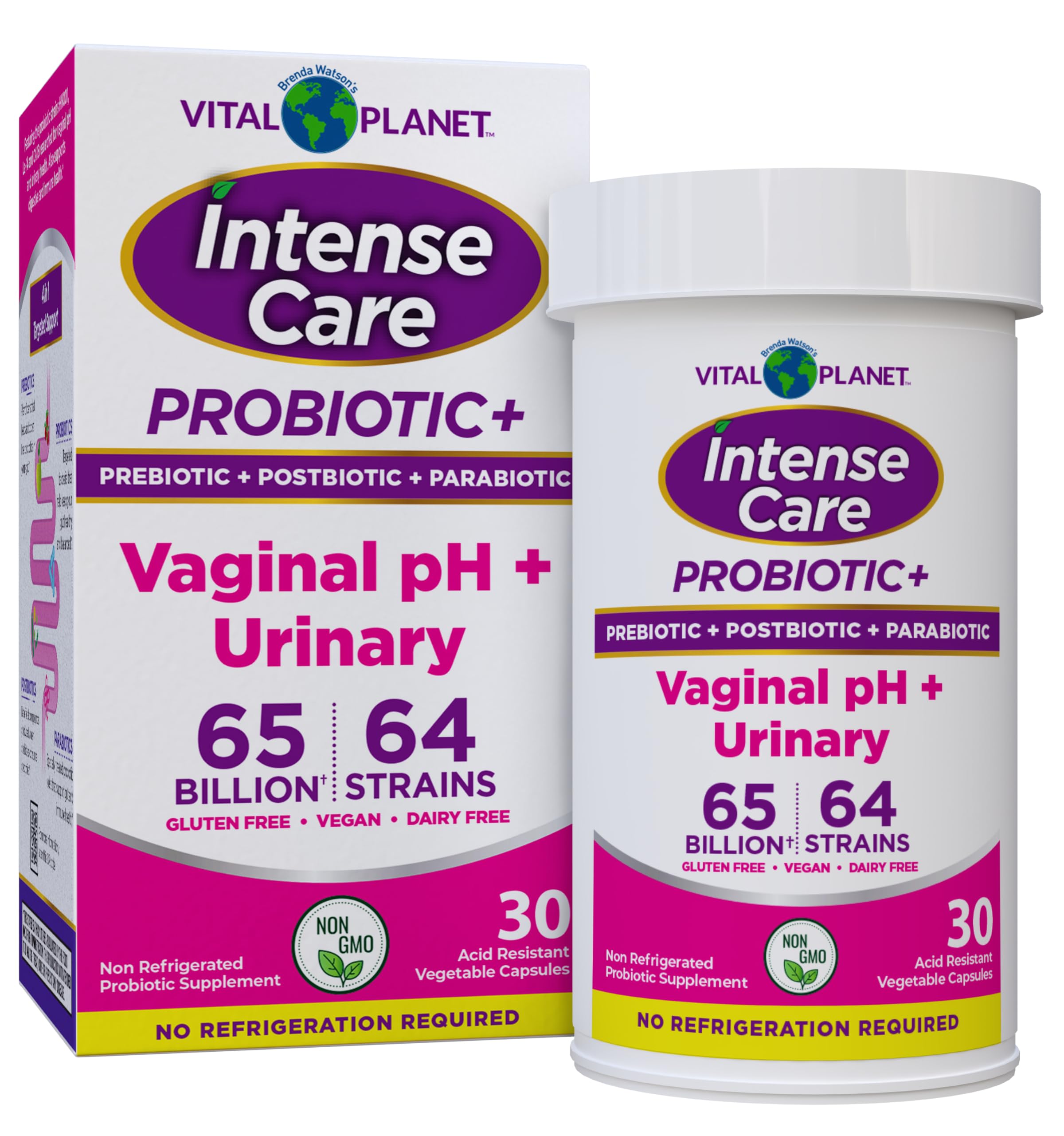Vital Planet frasco delantero mostrando etiqueta y beneficio equilibrio vaginal