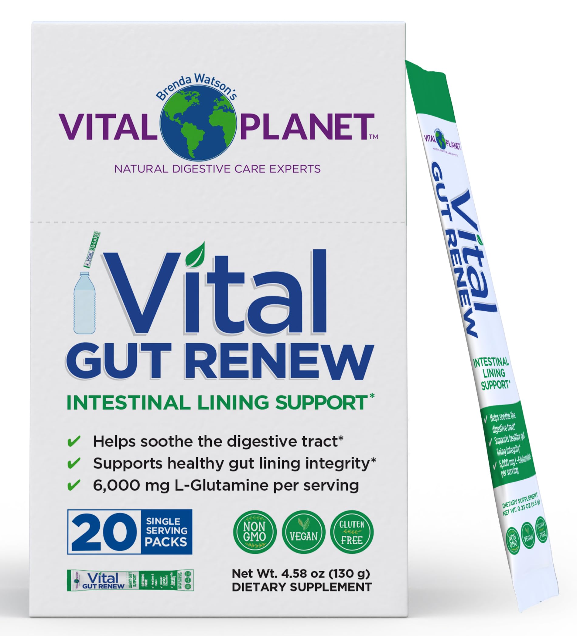 Vital Planet frente del paquete Vital Gut Renew mostrando 20 sobres y beneficios