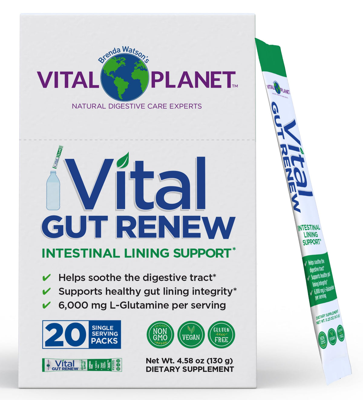 Vital Planet frente del paquete Vital Gut Renew mostrando 20 sobres y beneficios