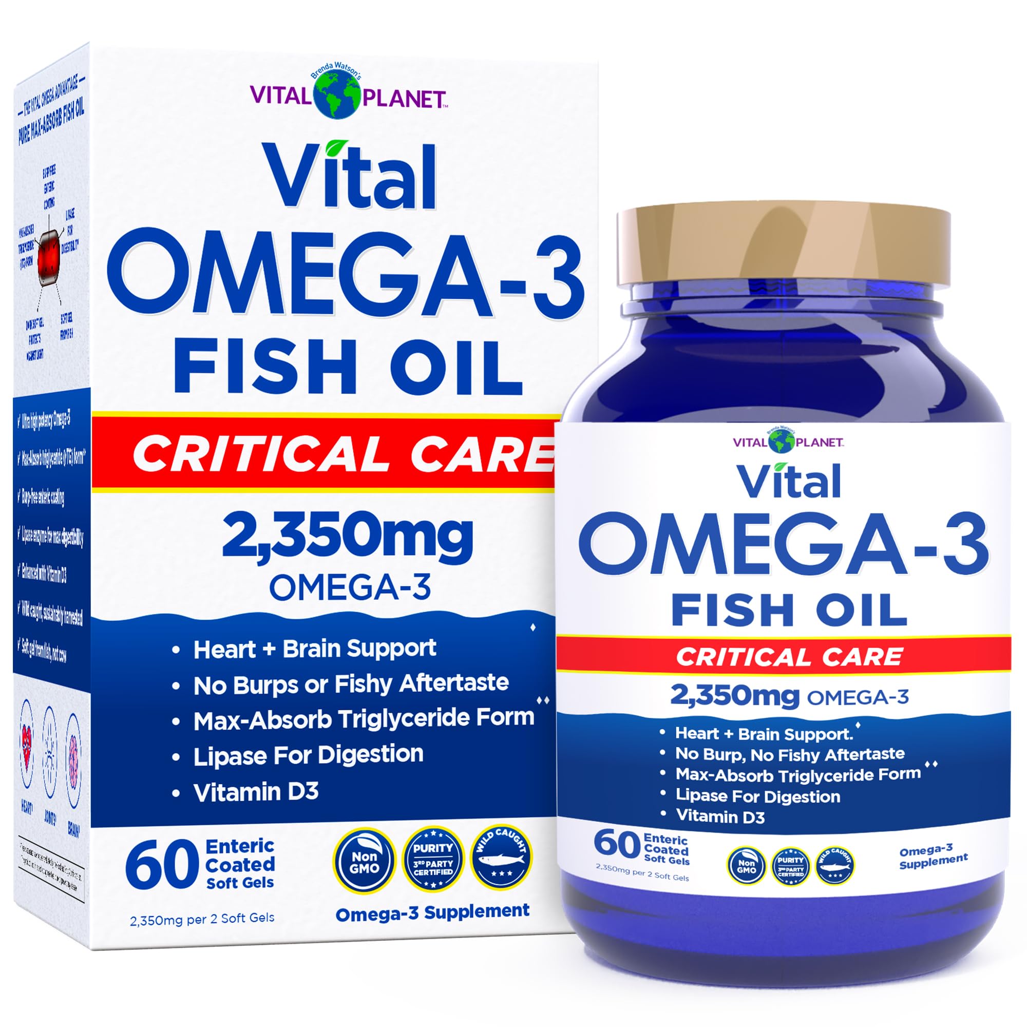 Vital Planet envase frontal Vital Omega mostrando dosis y cápsulas, confianza en potencia