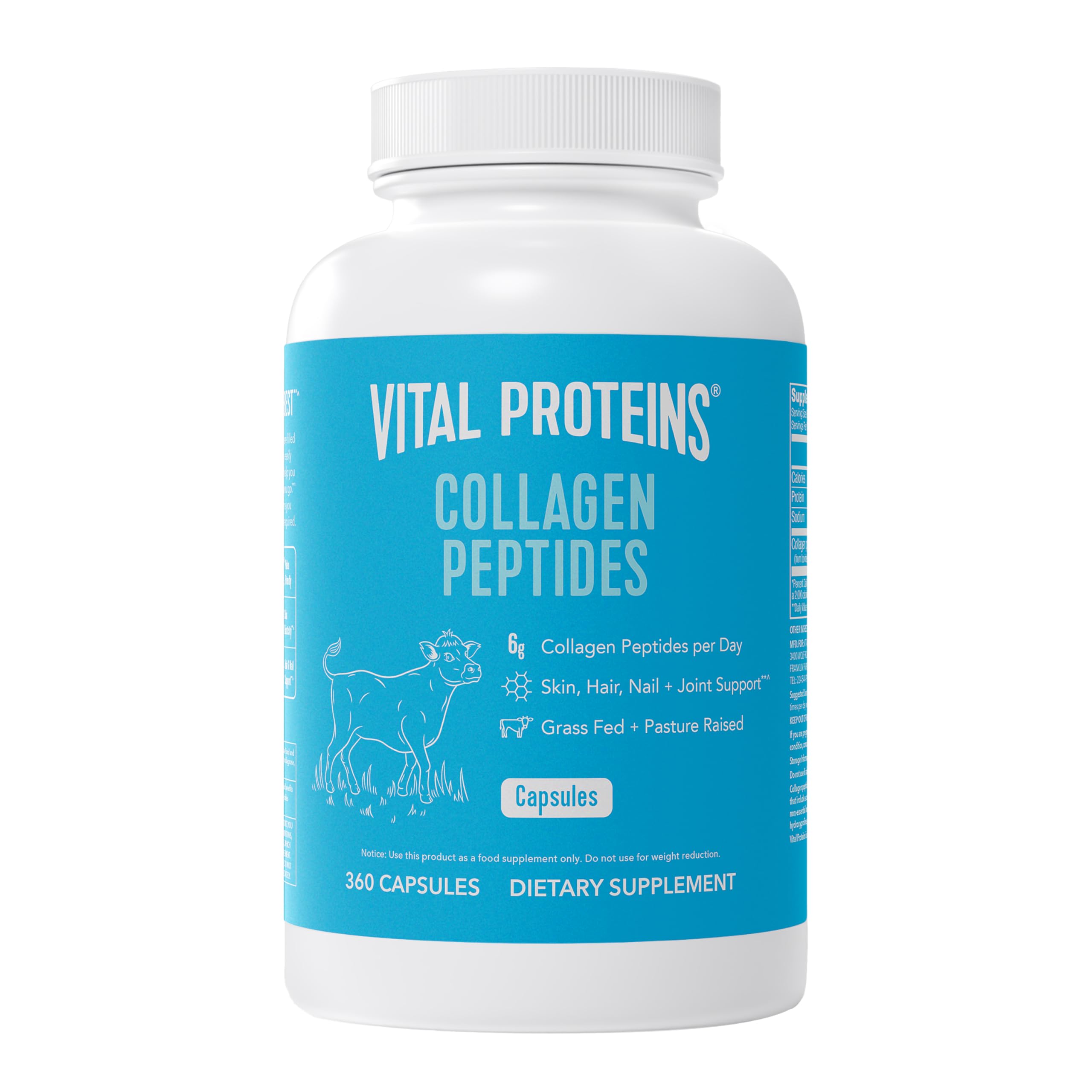Vital Proteins frasco de cápsulas frente mostrando aplicaciones prácticas