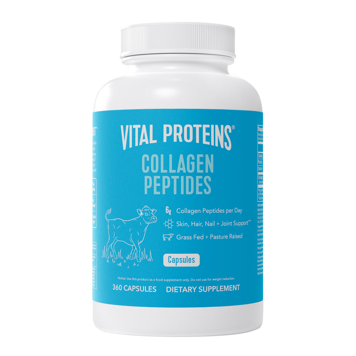 Vital Proteins frasco de cápsulas frente mostrando aplicaciones prácticas