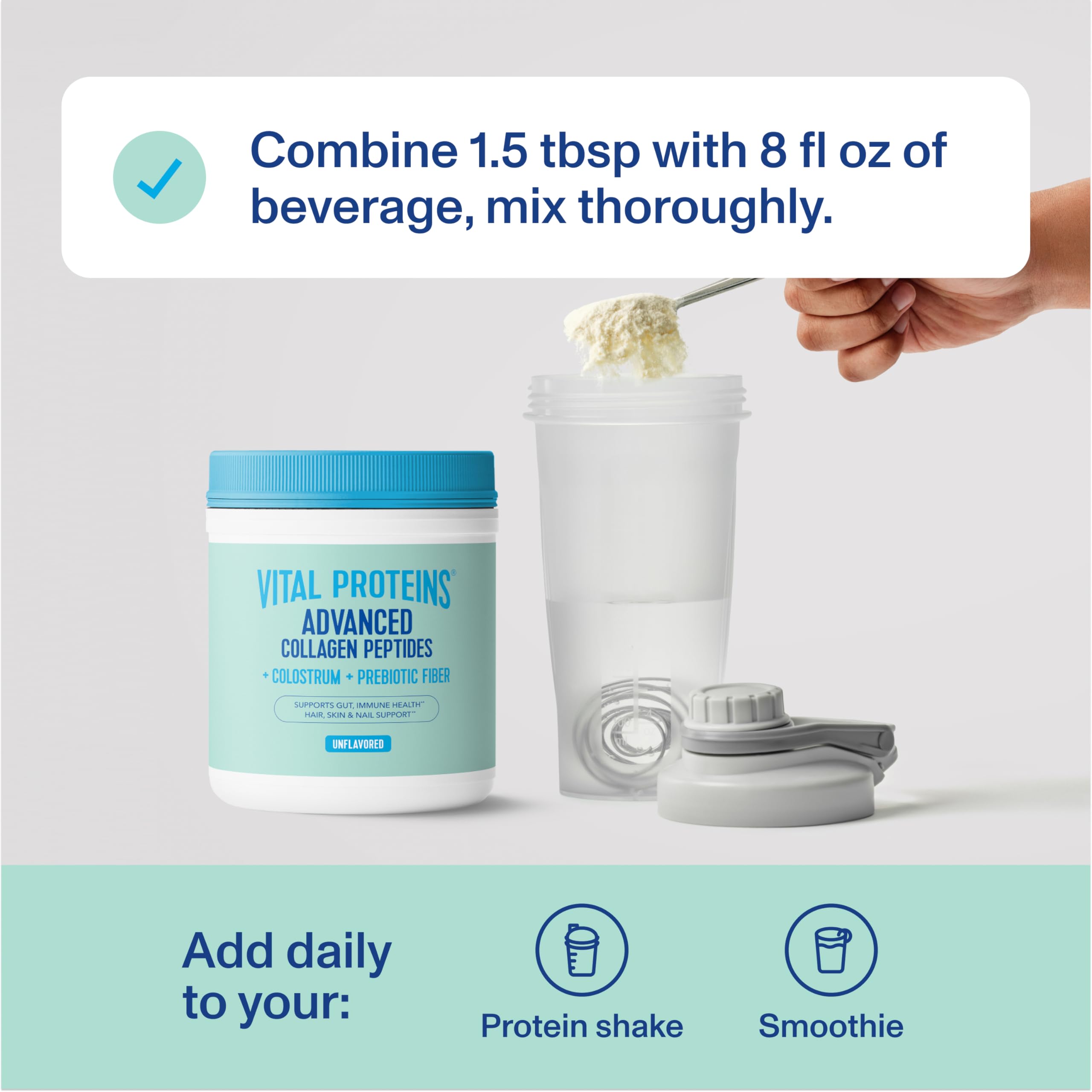 Vital Proteins producto junto a una regla para comparar tamaño y conveniencia