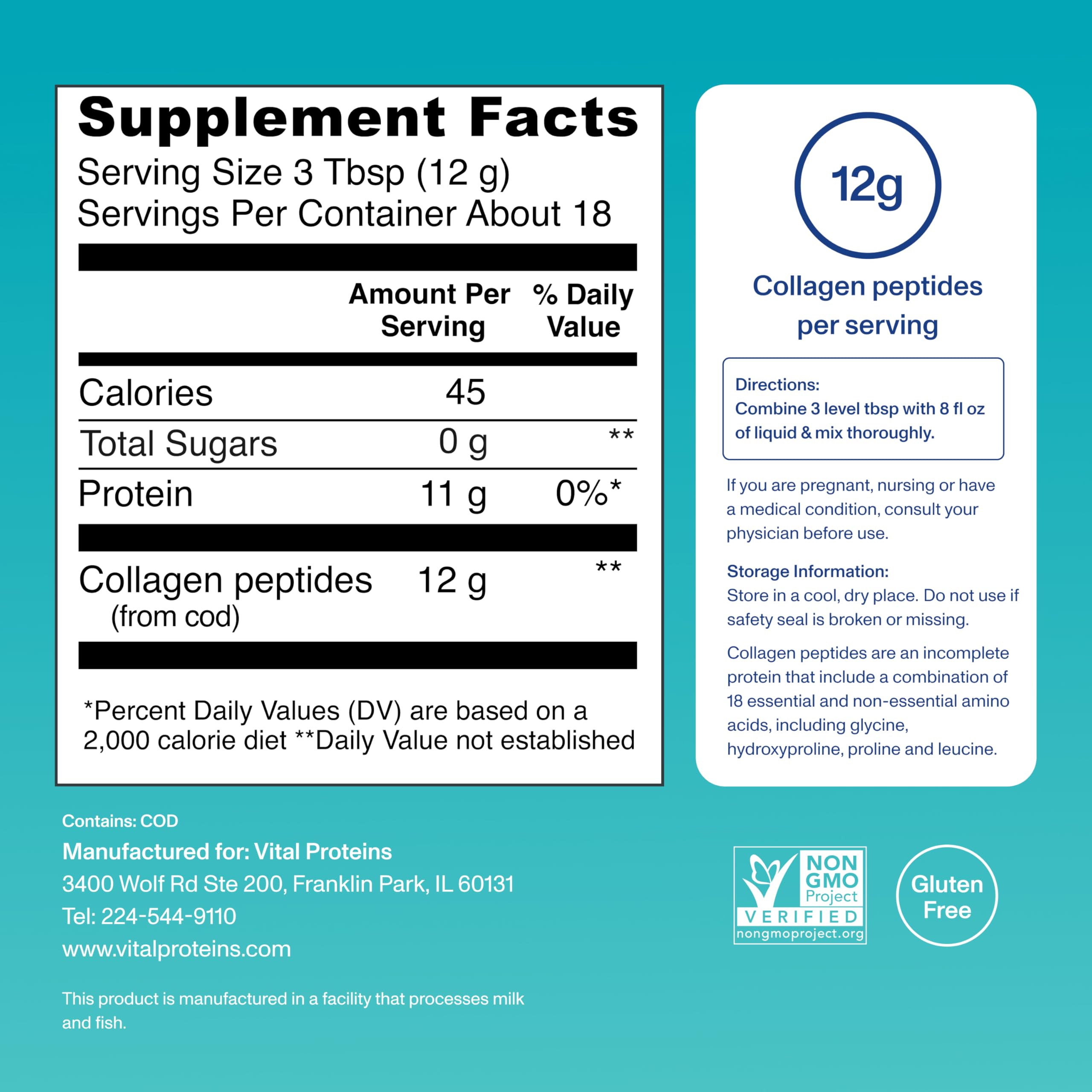 Vital Proteins — etiqueta nutricional y listado de ingredientes claros