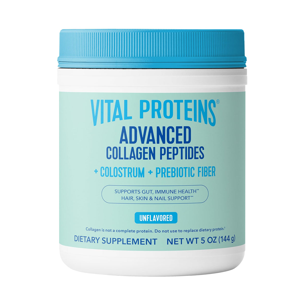 Vital Proteins frasco delantero mostrando el diseño y beneficio de piel radiante
