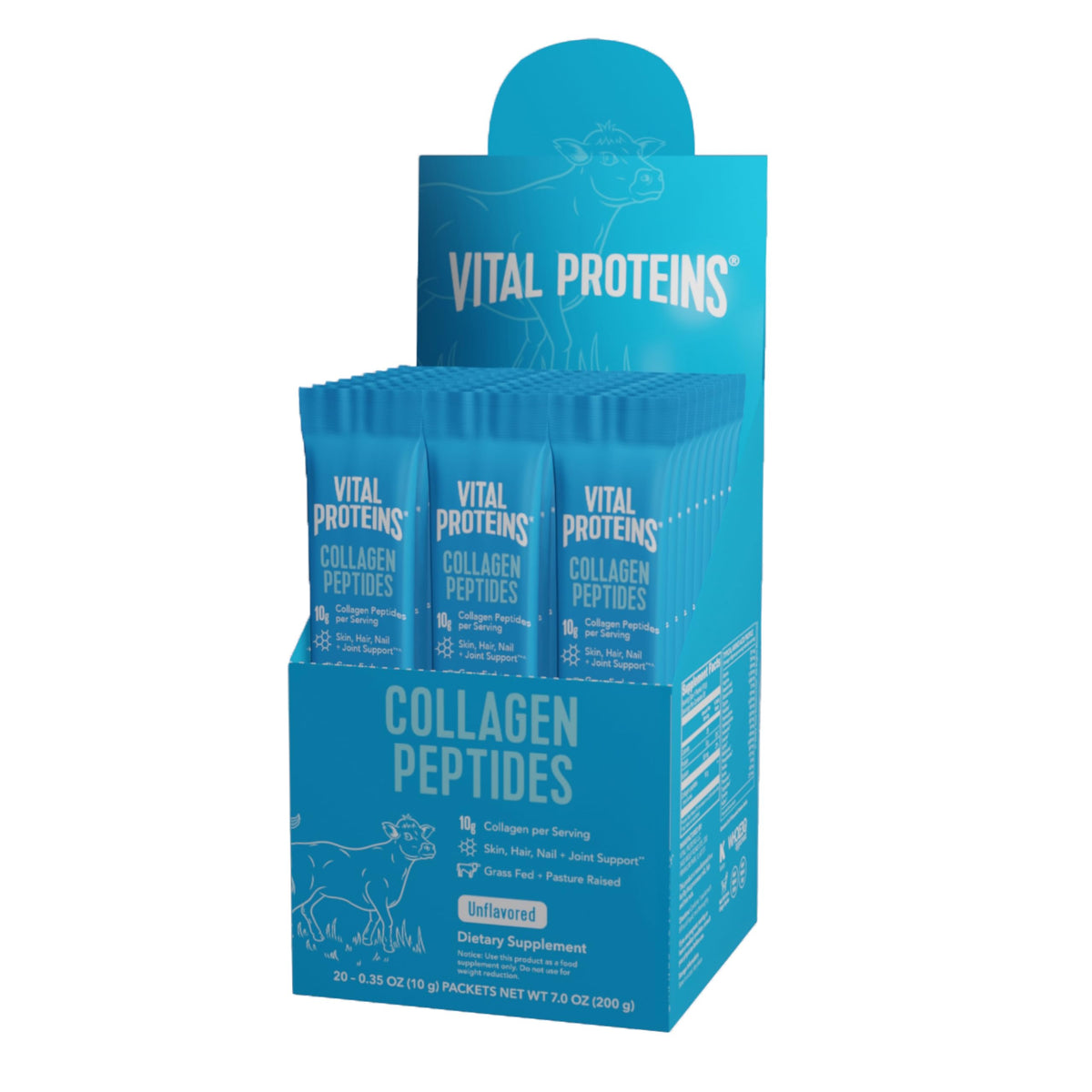 Vital Proteins frente del empaque mostrando 20 sobres y beneficios prácticos
