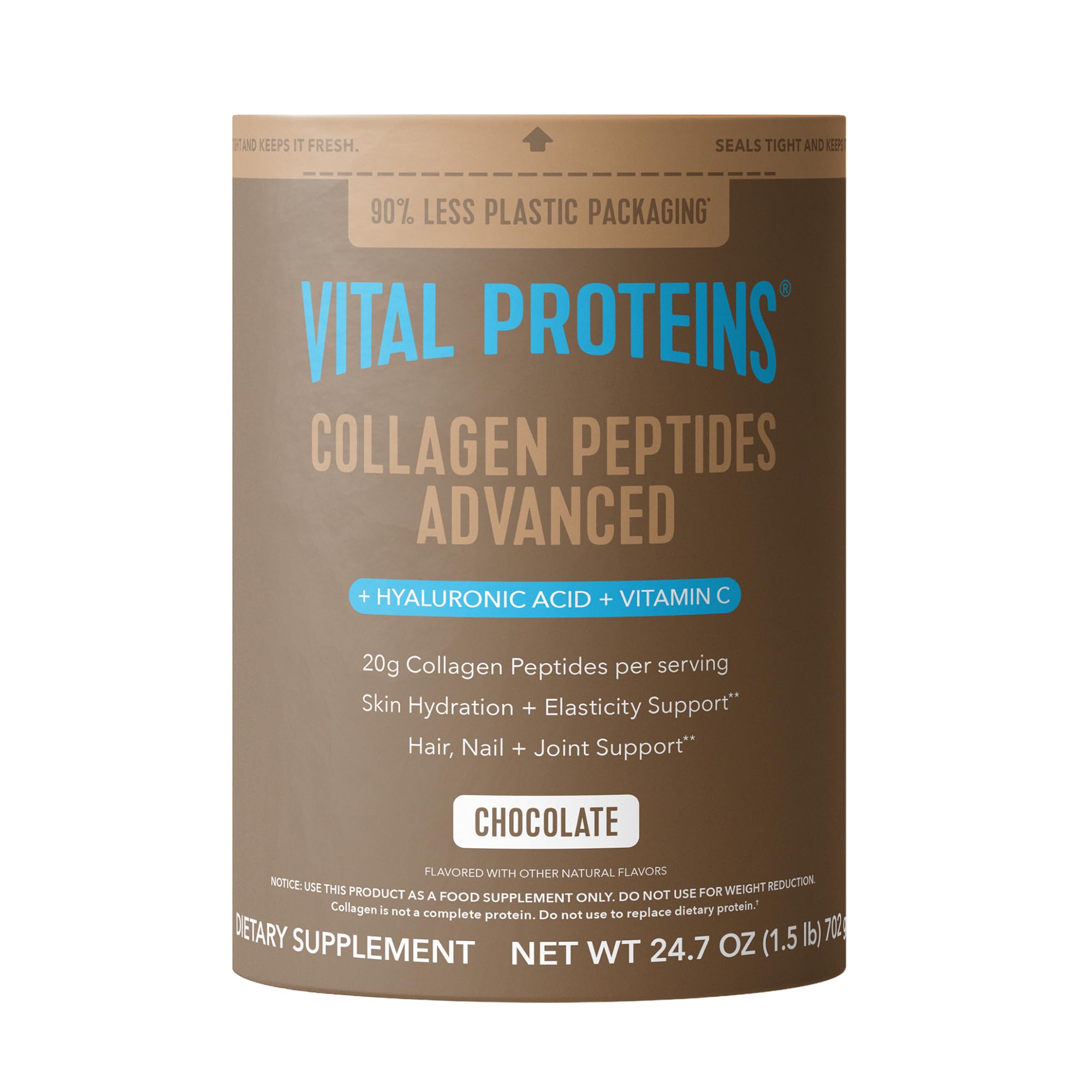 Vital Proteins frente del envase mostrando tamaño y sabor chocolate
