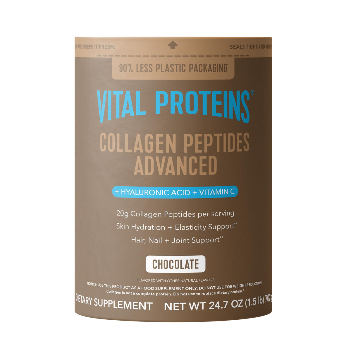 Vital Proteins frente del envase mostrando tamaño y sabor chocolate