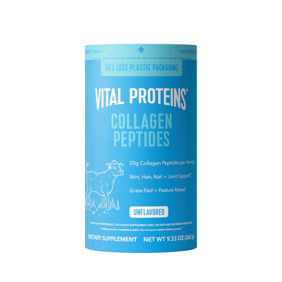 Vital Proteins frente del envase mostrando tamaño y marca, beneficio de confianza