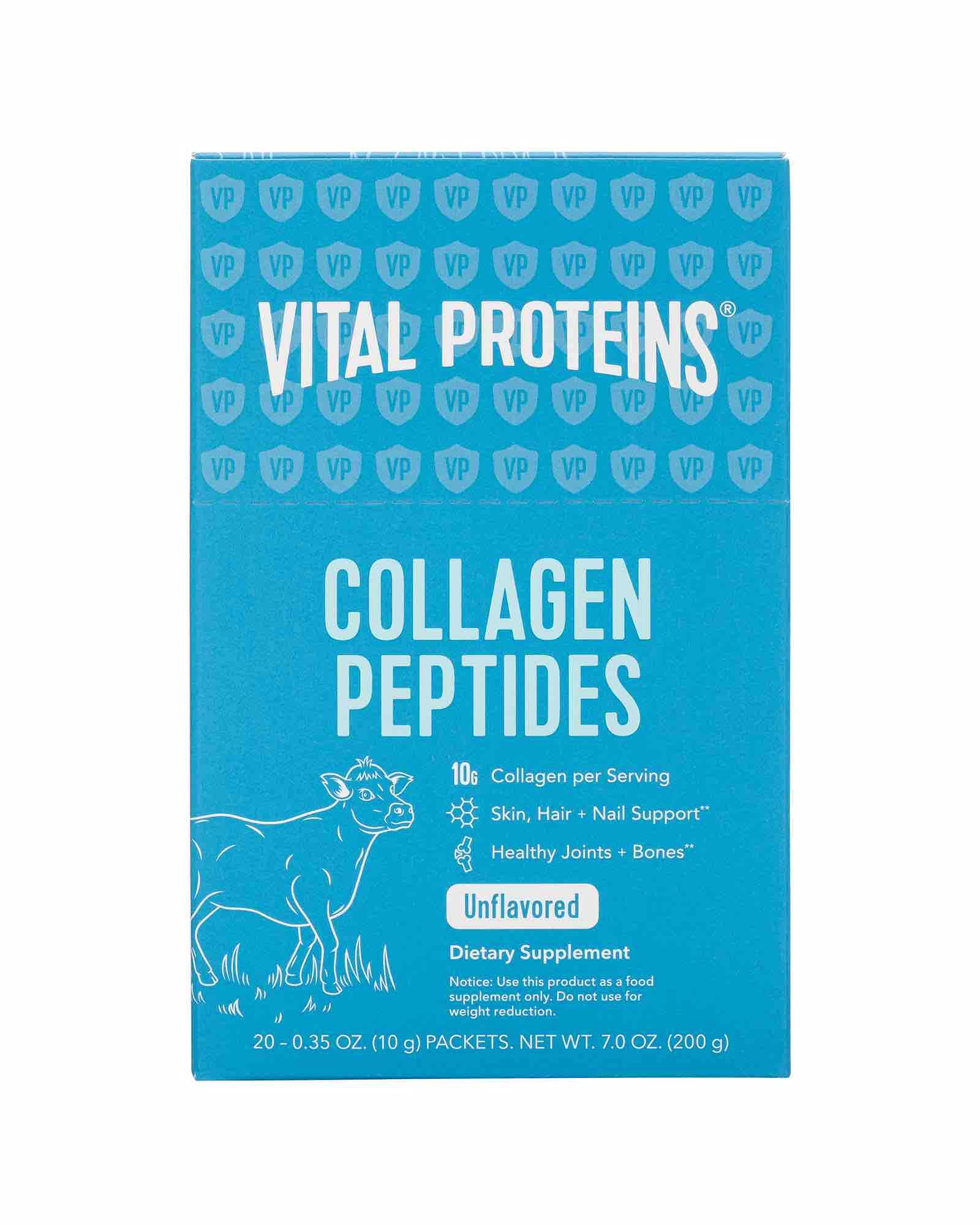 Vital Proteins presentación frontal de la caja de 20 sobres, comodidad para llevar