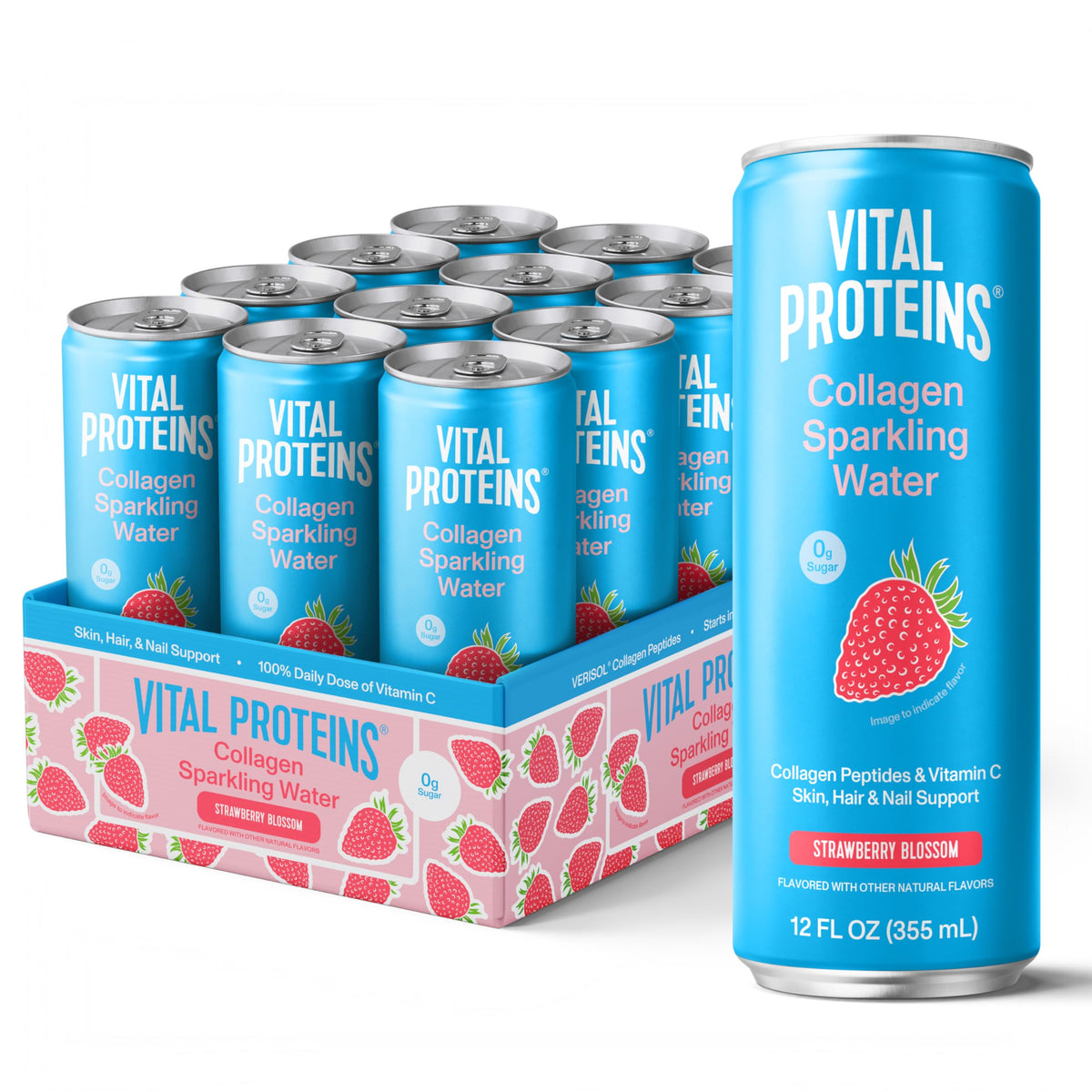 Vital Proteins lata frontal mostrando diseño y sabor fresa blossom, refresco funcional sin azúcar