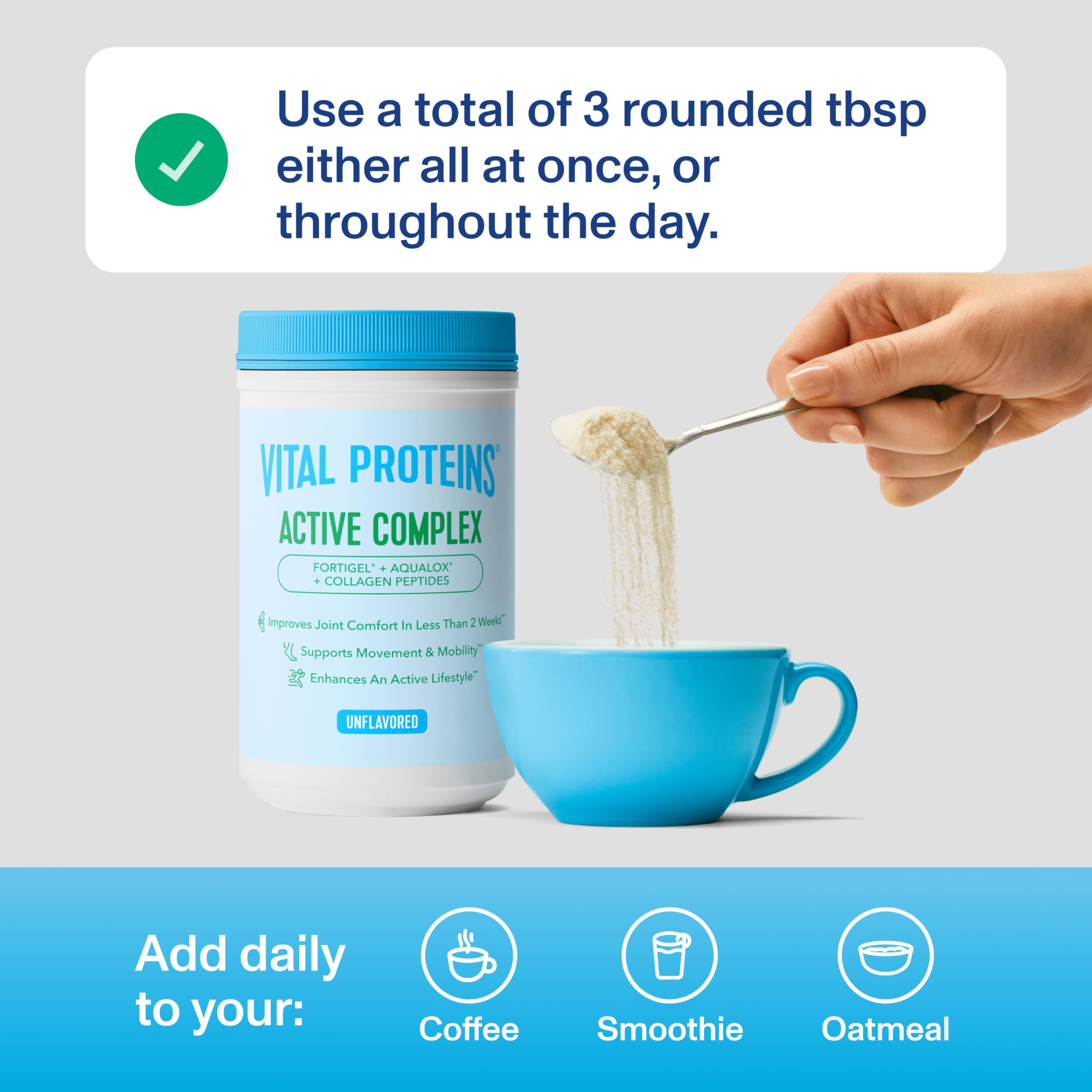 Vital Proteins polvo mezclado en vaso listo para beber, comodidad diaria