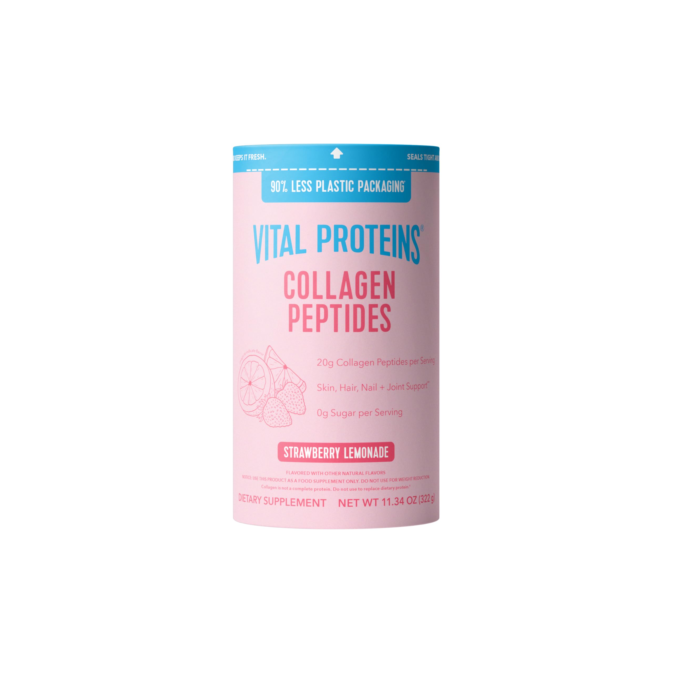 Vital Proteins envase frontal fresa limón mostrando etiqueta y tamaño