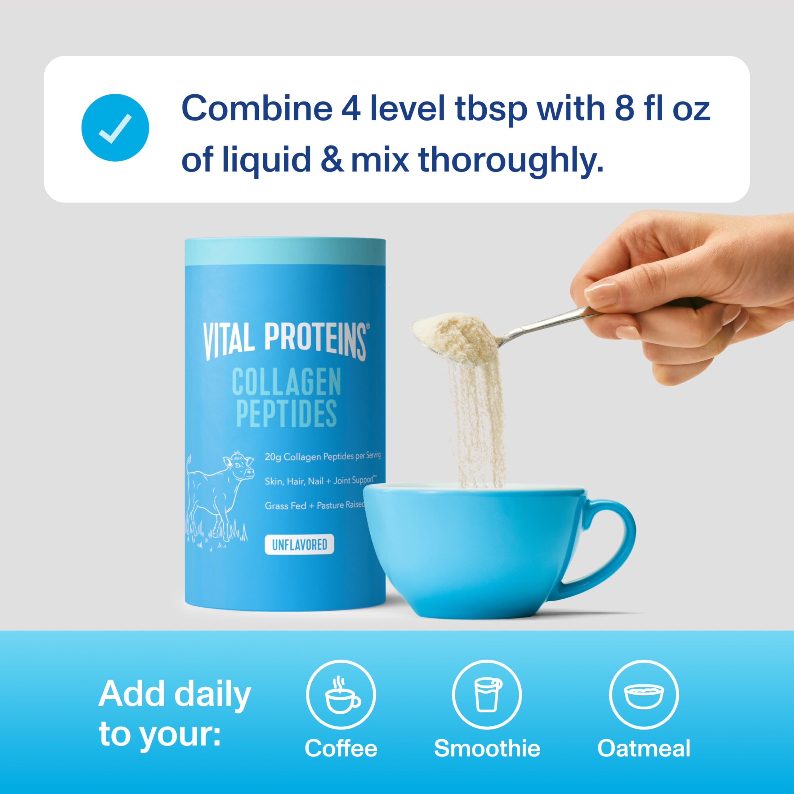 Vital Proteins polvo disuelto en café caliente, beneficio de uso diario simple