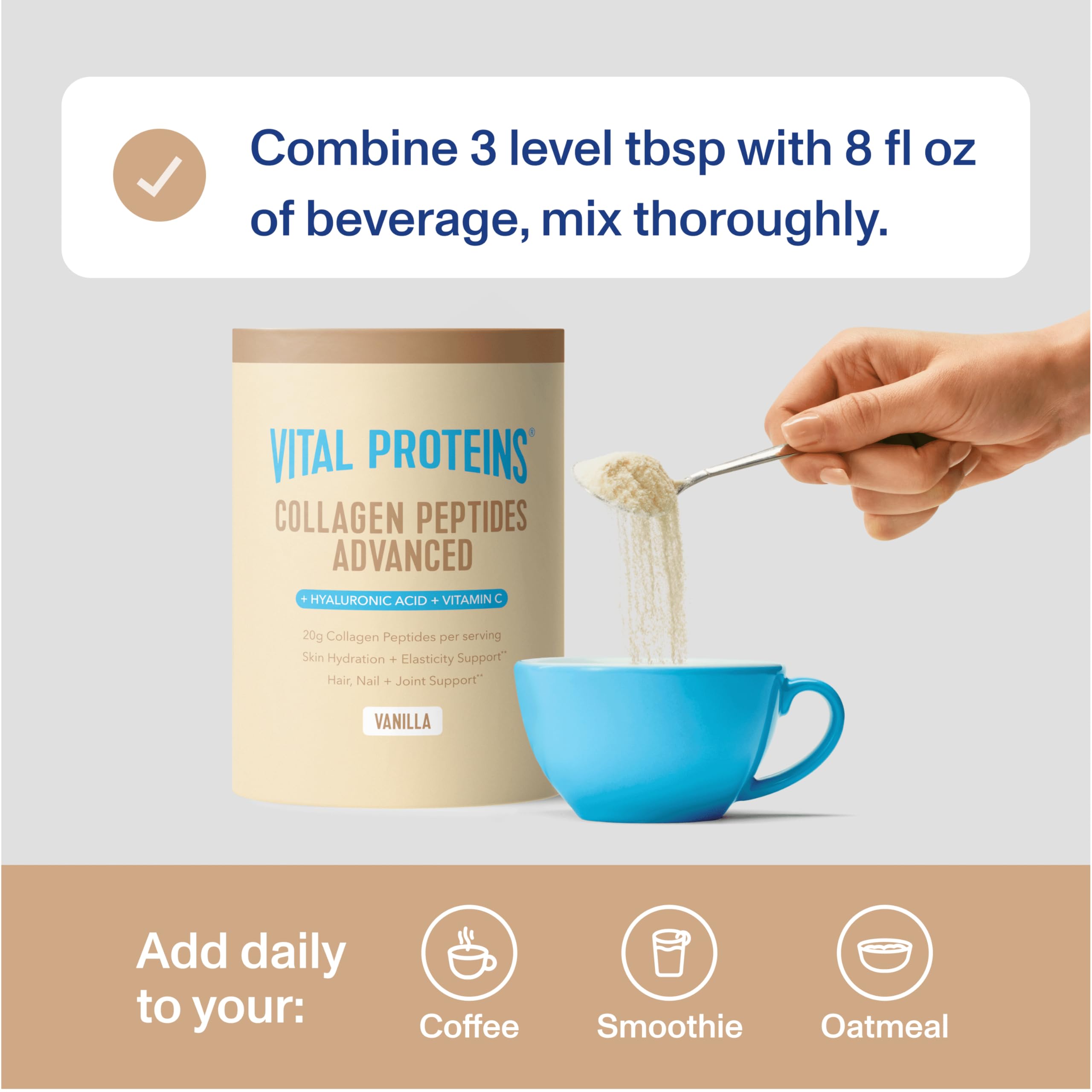 Vital Proteins vaso con batido de vainilla listo para beber y nutritivo