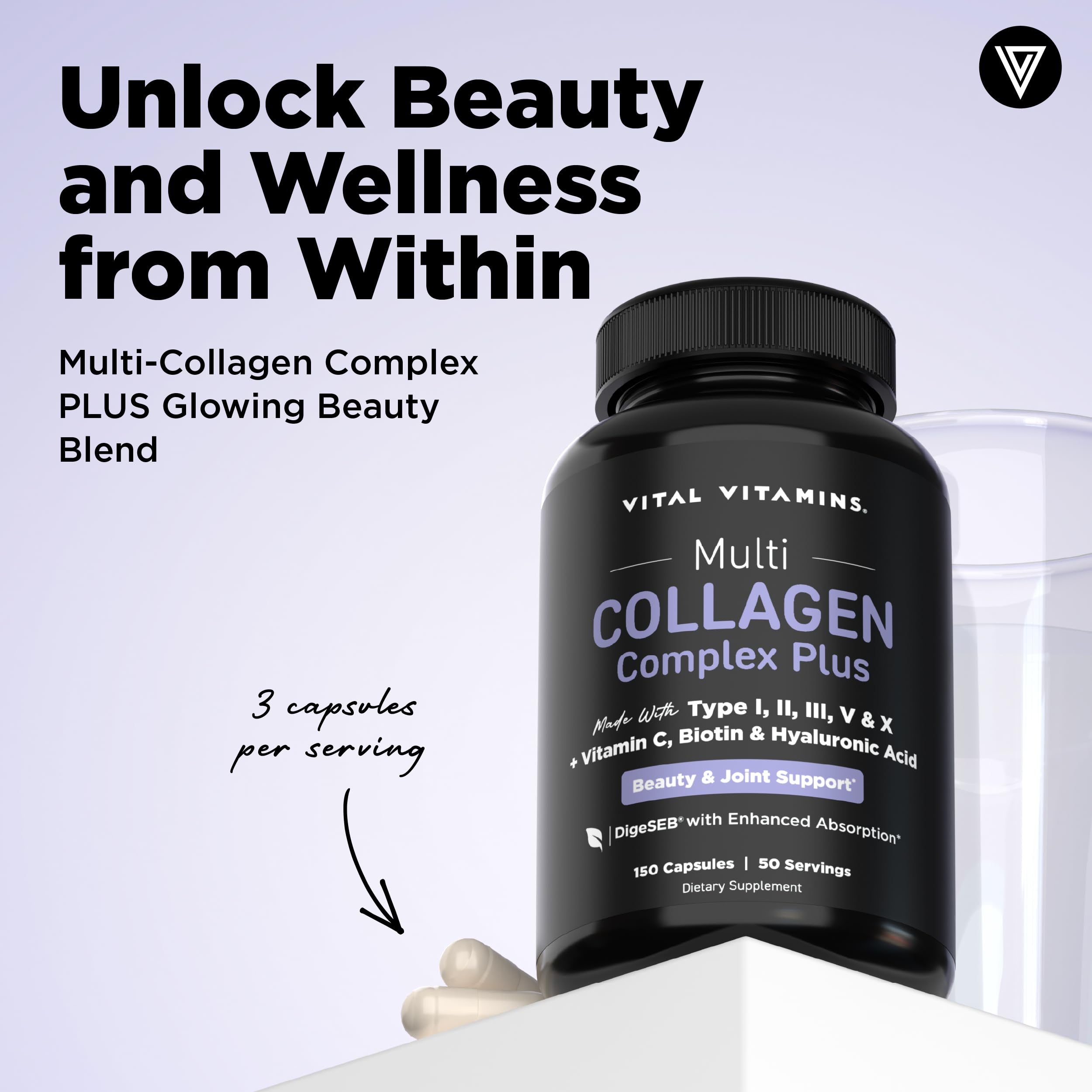 Vital Vitamins cápsulas en primer plano, fácil de tragar y práctico