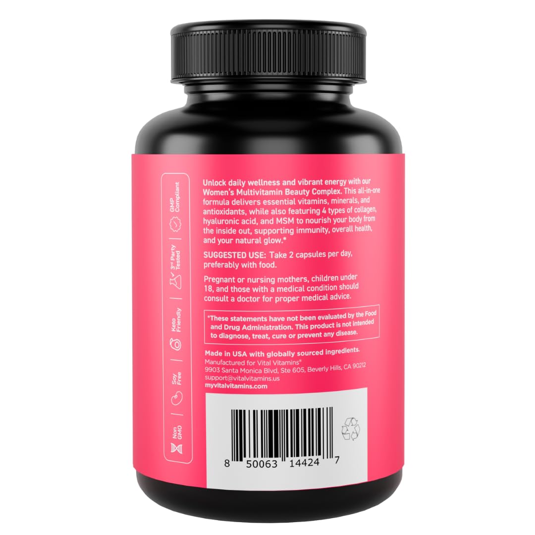 Vital Vitamins frasco junto a monedero para comparar tamaño portátil