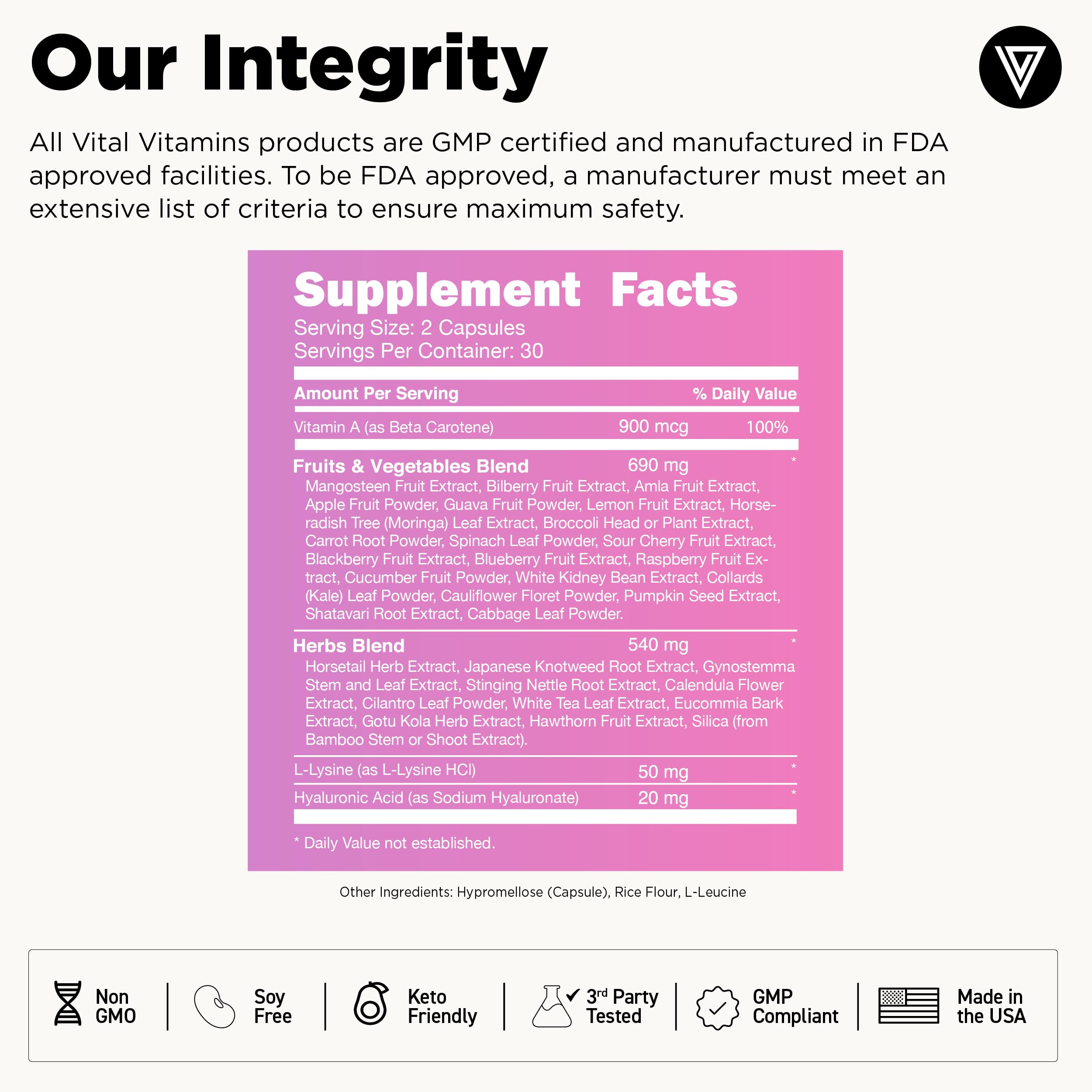 Vital Vitamins etiqueta con lista de 35 ingredientes y sin gluten