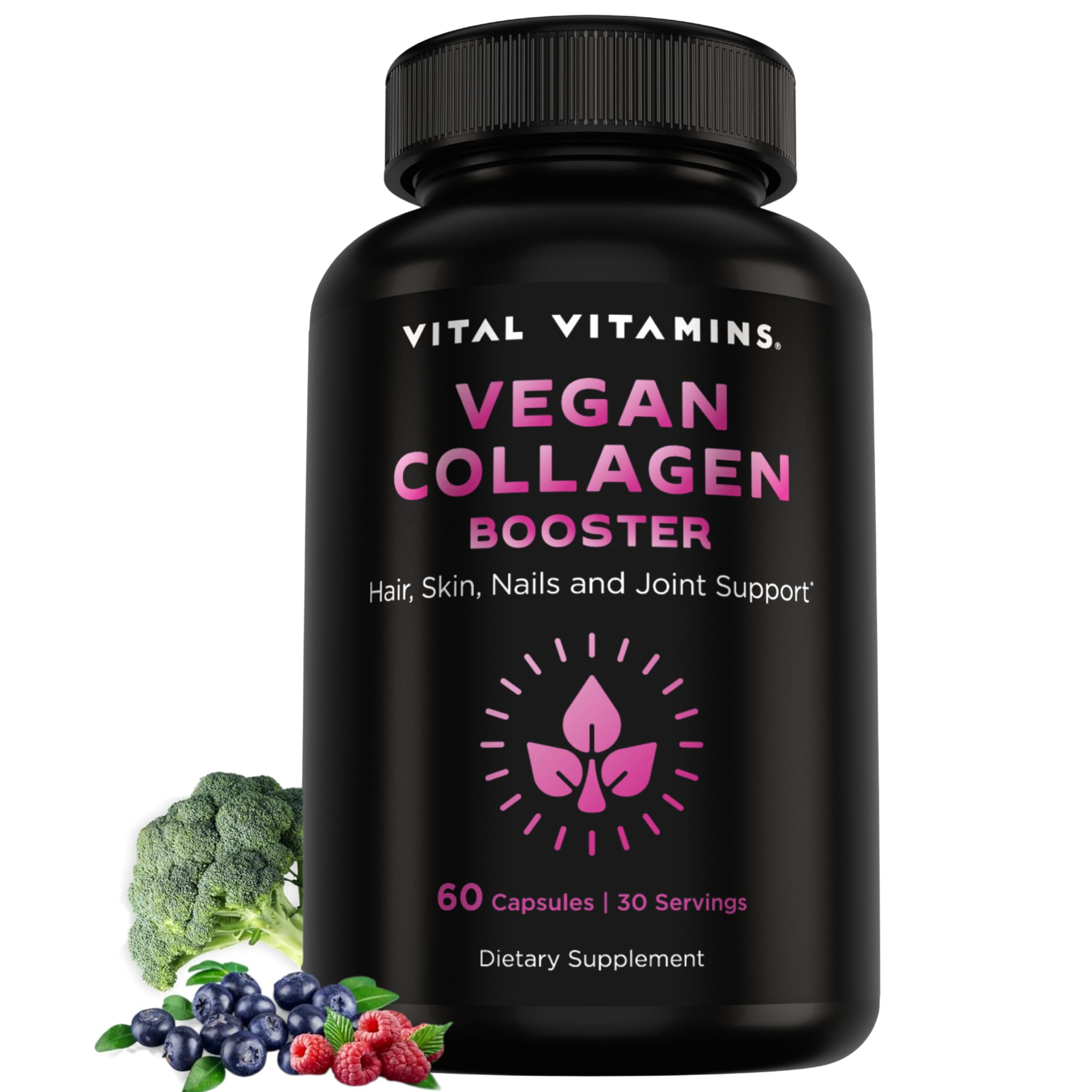 Vital Vitamins frasco frontal mostrando 60 cápsulas y beneficios veganos