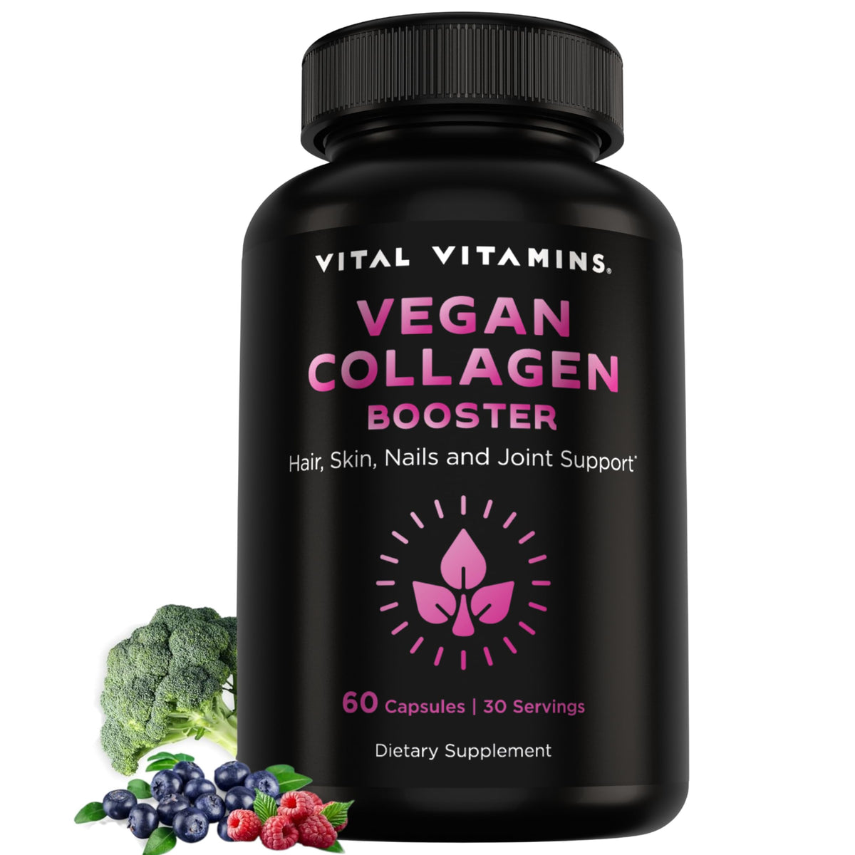 Vital Vitamins frasco frontal mostrando 60 cápsulas y beneficios veganos