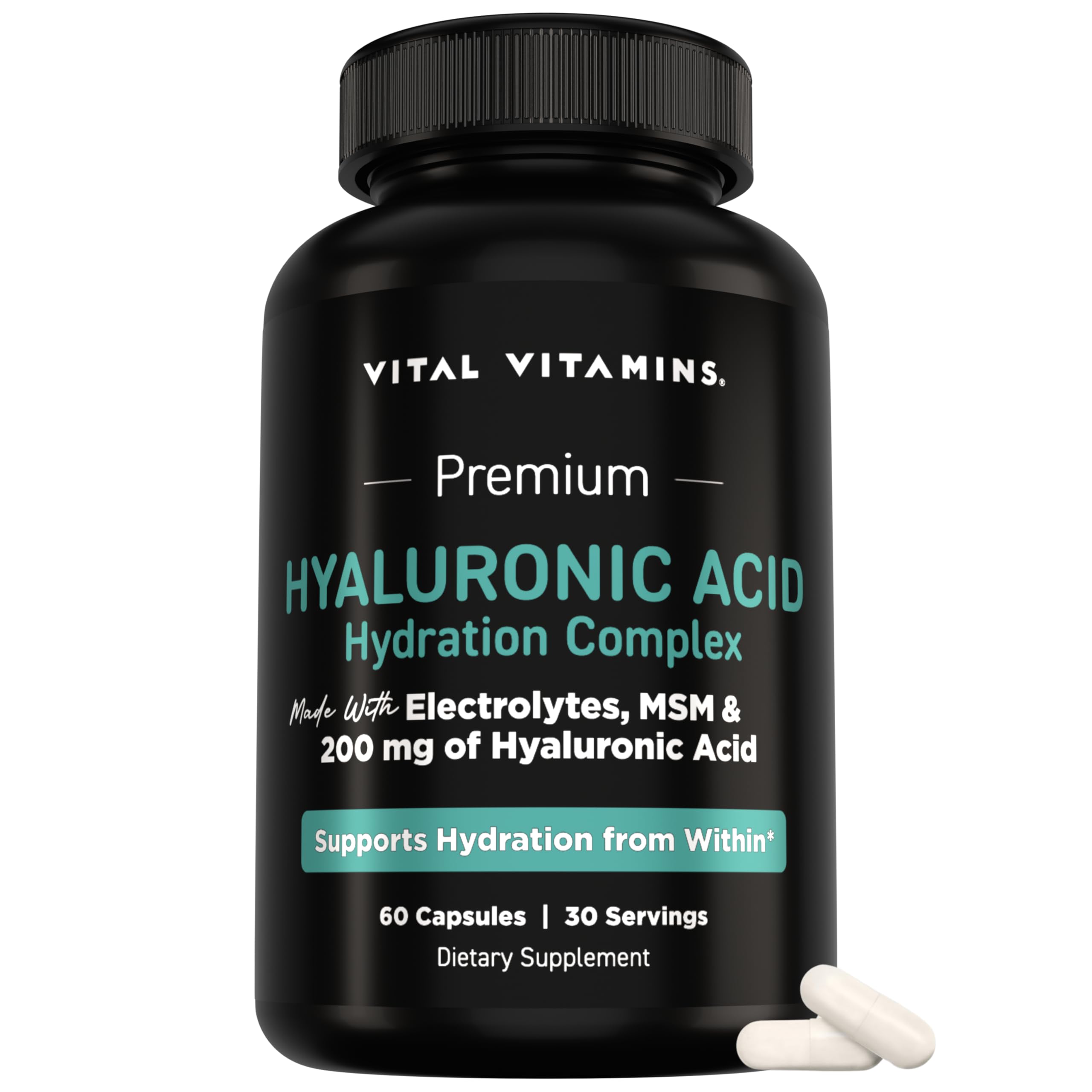Vital Vitamins frasco frontal mostrando diseño y beneficios visibles