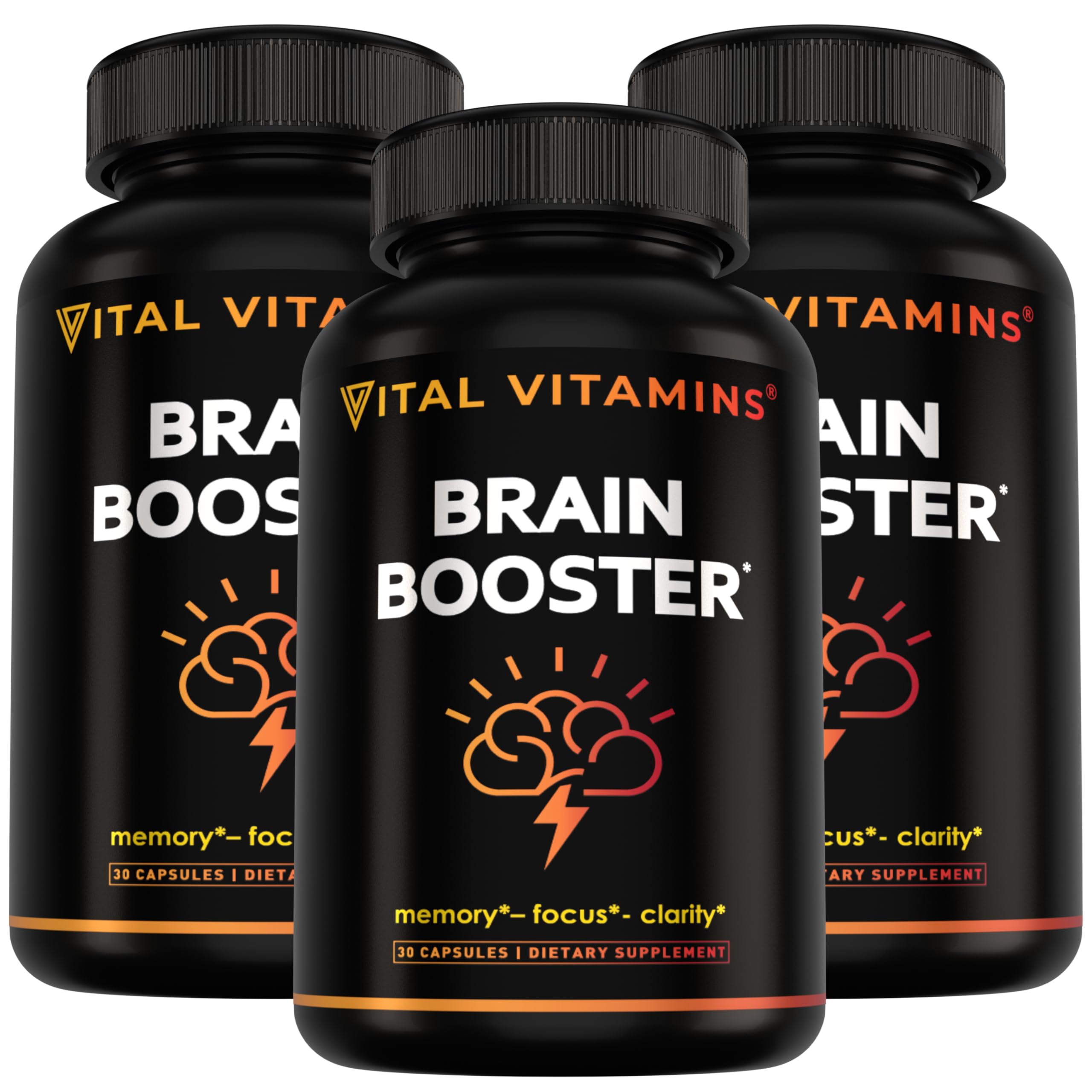 Vital Vitamins vista frontal del pack mostrando tres frascos y etiqueta clara