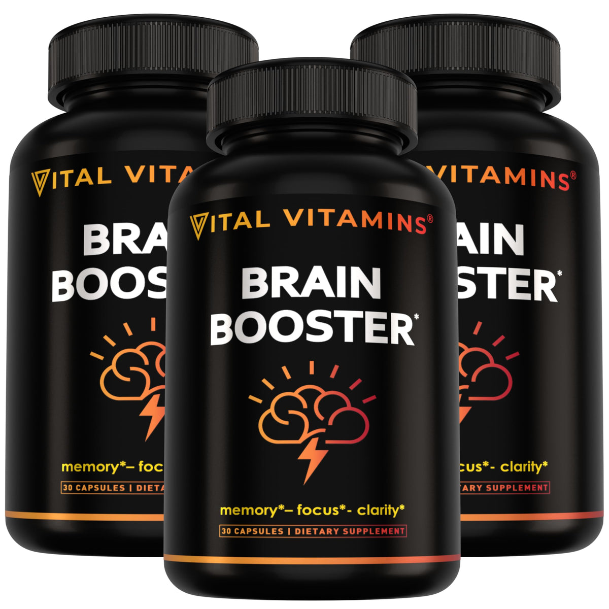 Vital Vitamins vista frontal del pack mostrando tres frascos y etiqueta clara