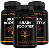 Vital Vitamins vista frontal del pack mostrando tres frascos y etiqueta clara