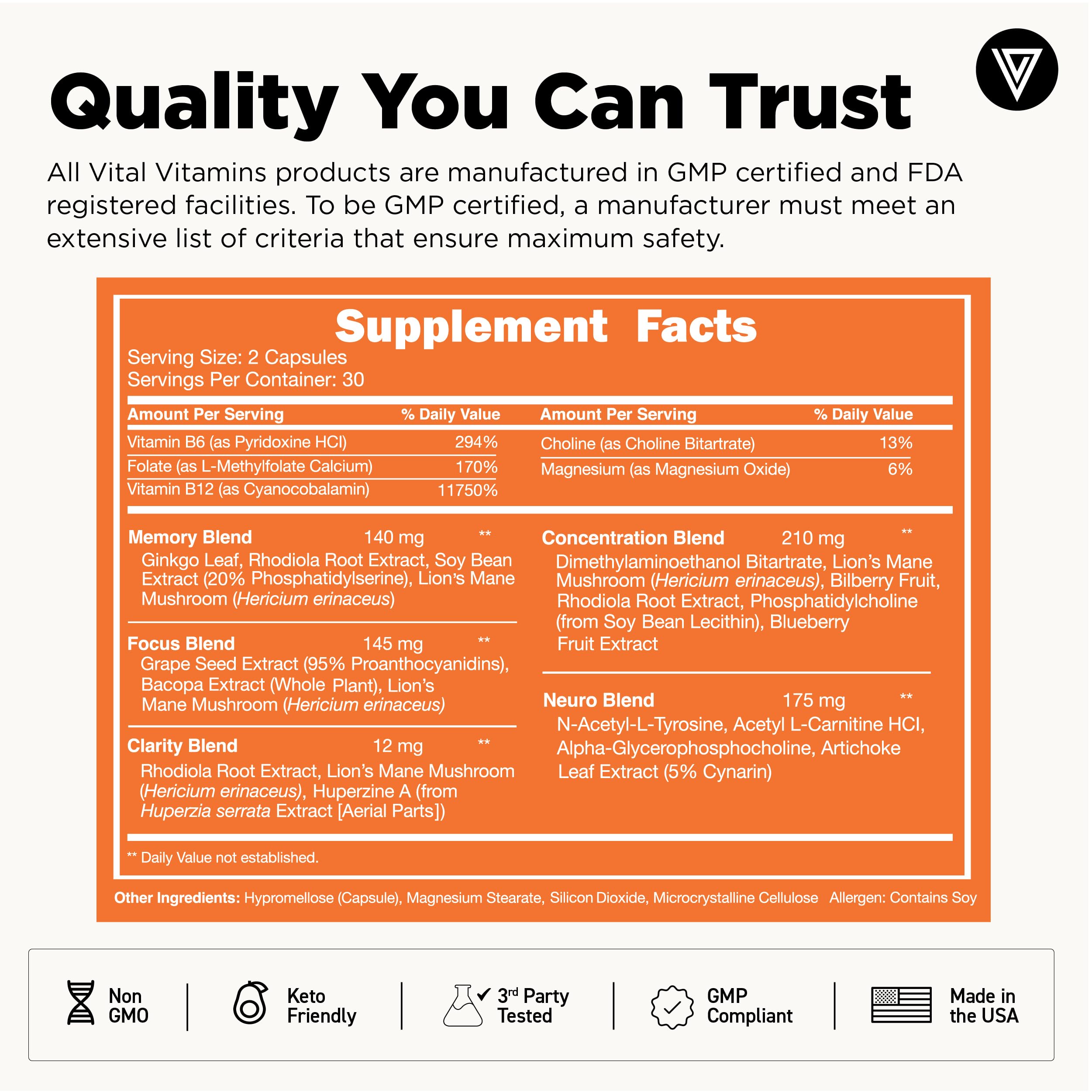 Vital Vitamins extracto de Lion's Mane señalando apoyo neuronal