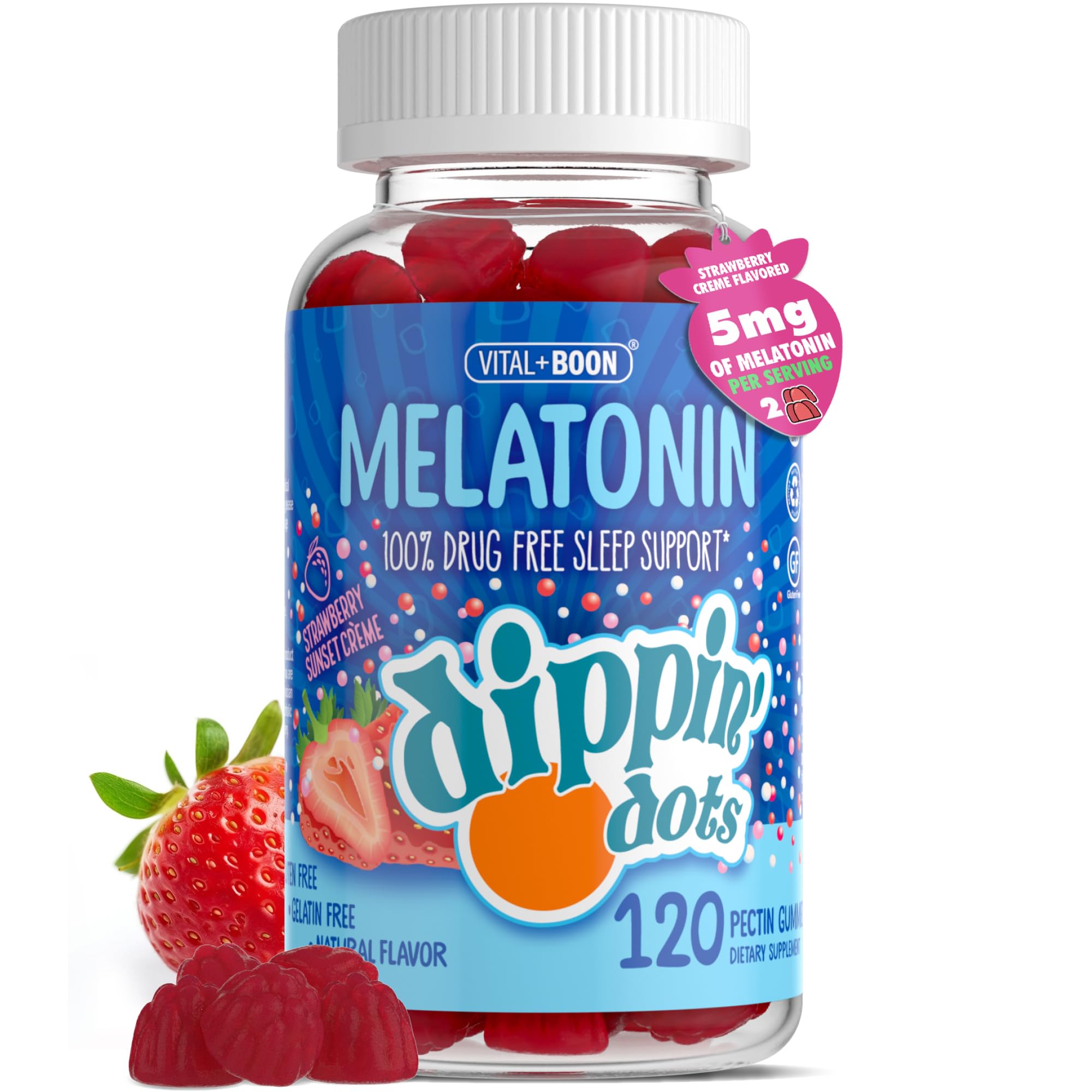 Vital+Boon frasco Dippin Dots frente mostrando etiqueta y beneficio de dosificación fácil