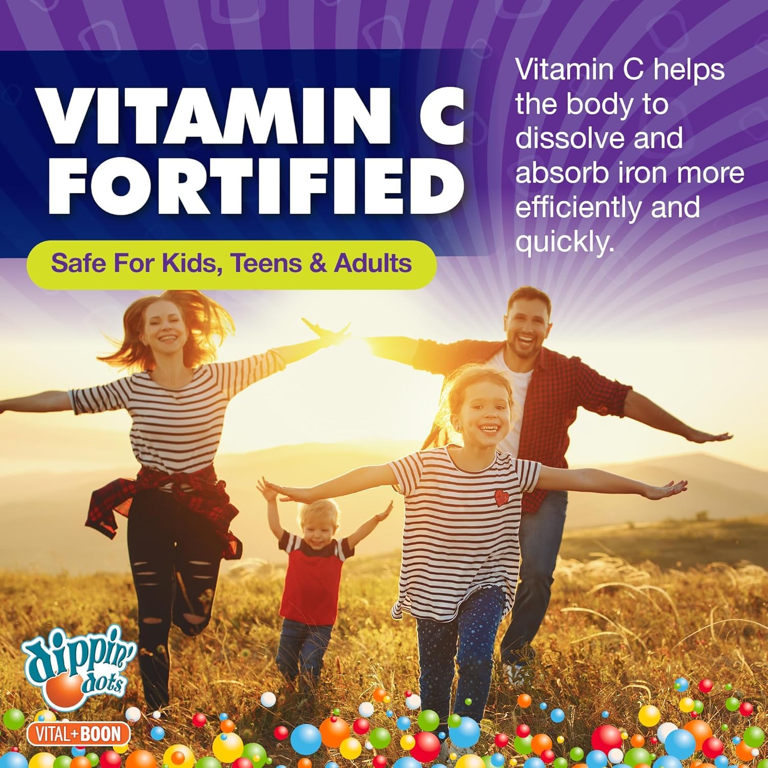 Vital+Boon familia tomando gominolas juntos, práctico para niños y adultos