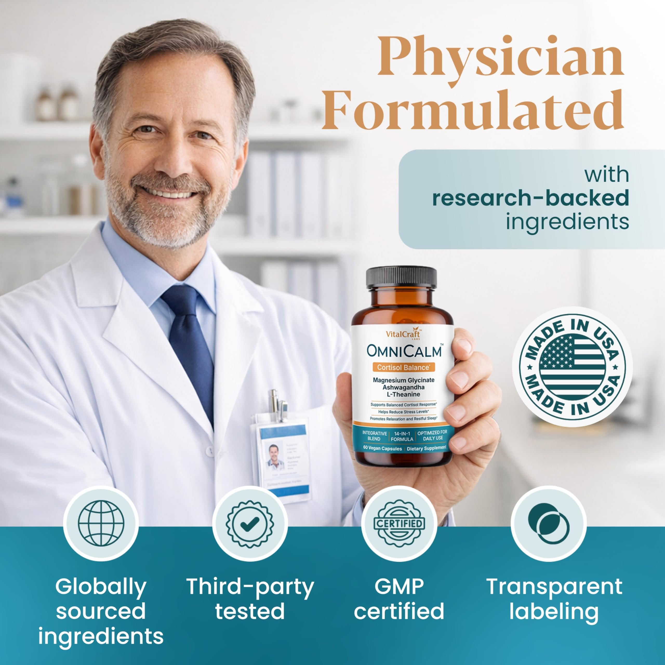 VITALCRAFT LABS OmniCalm primer plano de cápsulas y textura para confianza