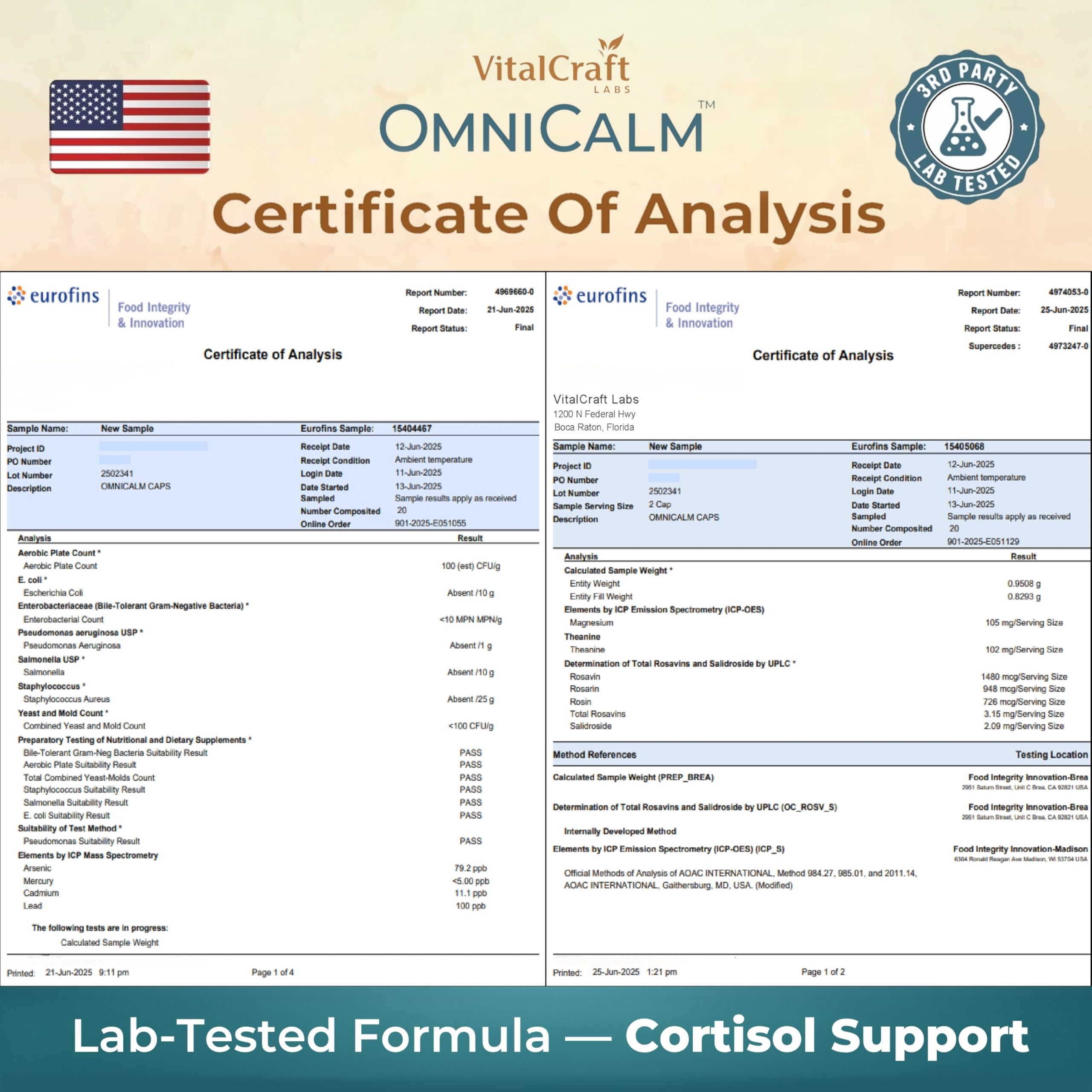 VITALCRAFT LABS OmniCalm certificado de análisis que muestra pruebas de calidad