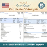 VITALCRAFT LABS OmniCalm certificado de análisis que muestra pruebas de calidad