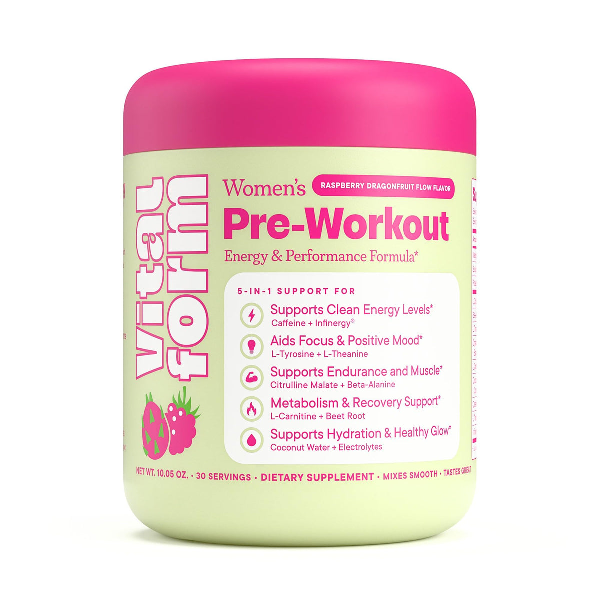 VitalForm frente del envase mostrando marca y sabor Raspberry Dragonfruit
