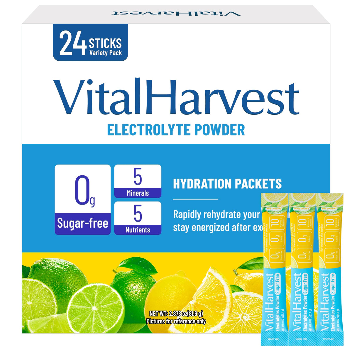 VitalHarvest Endure frente del empaque que muestra 24 sticks y beneficios