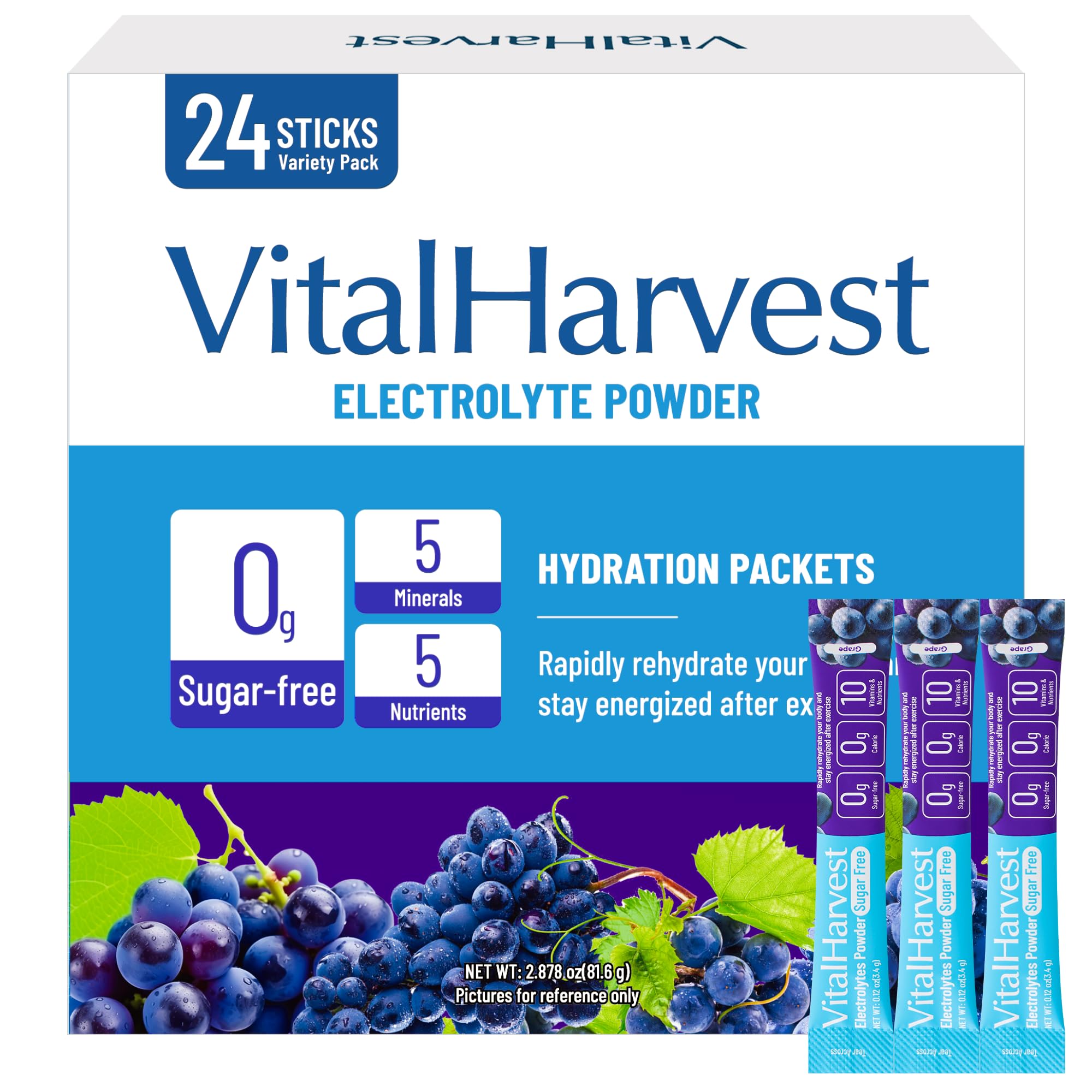 VitalHarvest Endure frente del empaque mostrando 24 sobres y variedad de sabores, práctico