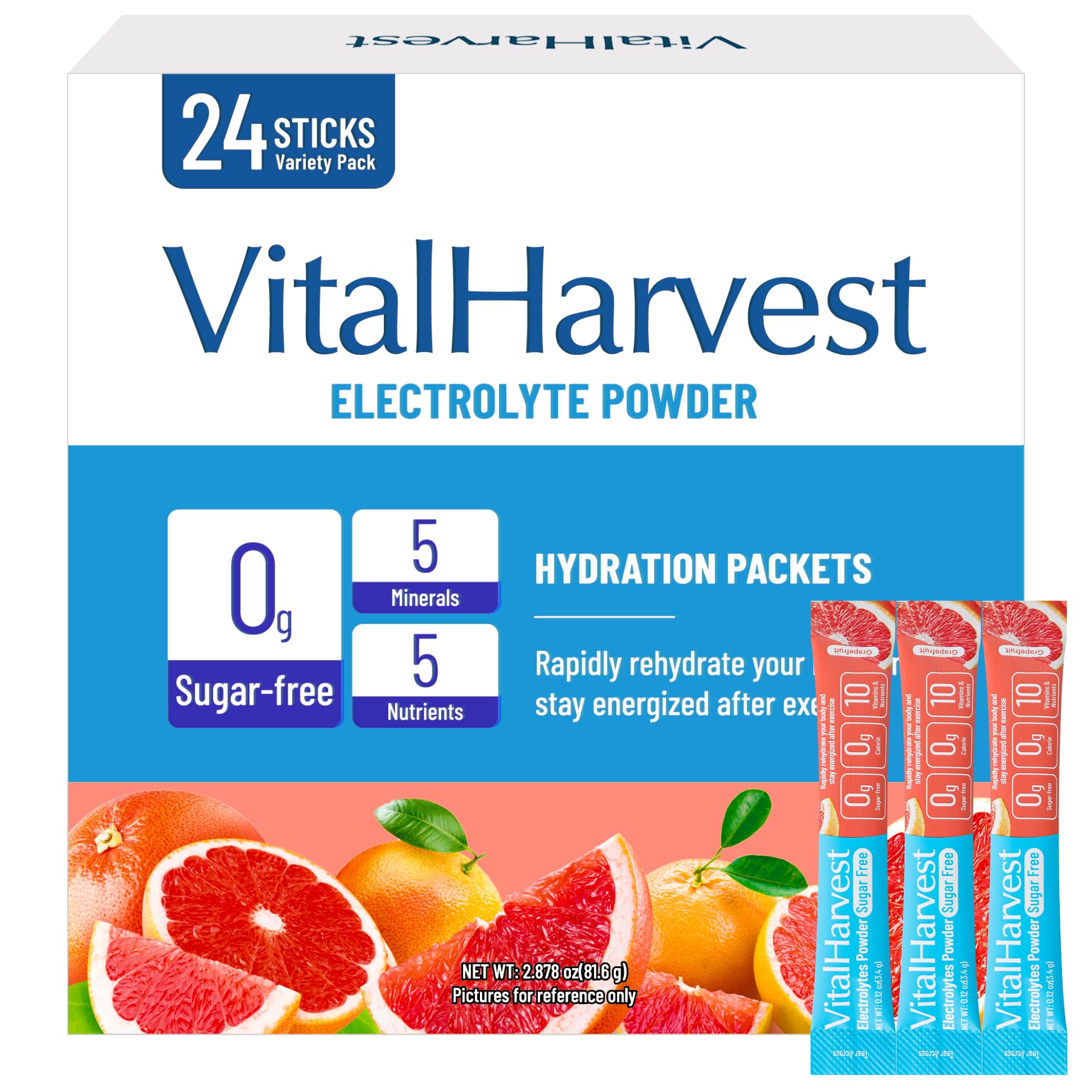 VitalHarvest Endure frente del empaque mostrando 24 sobres y beneficios visibles