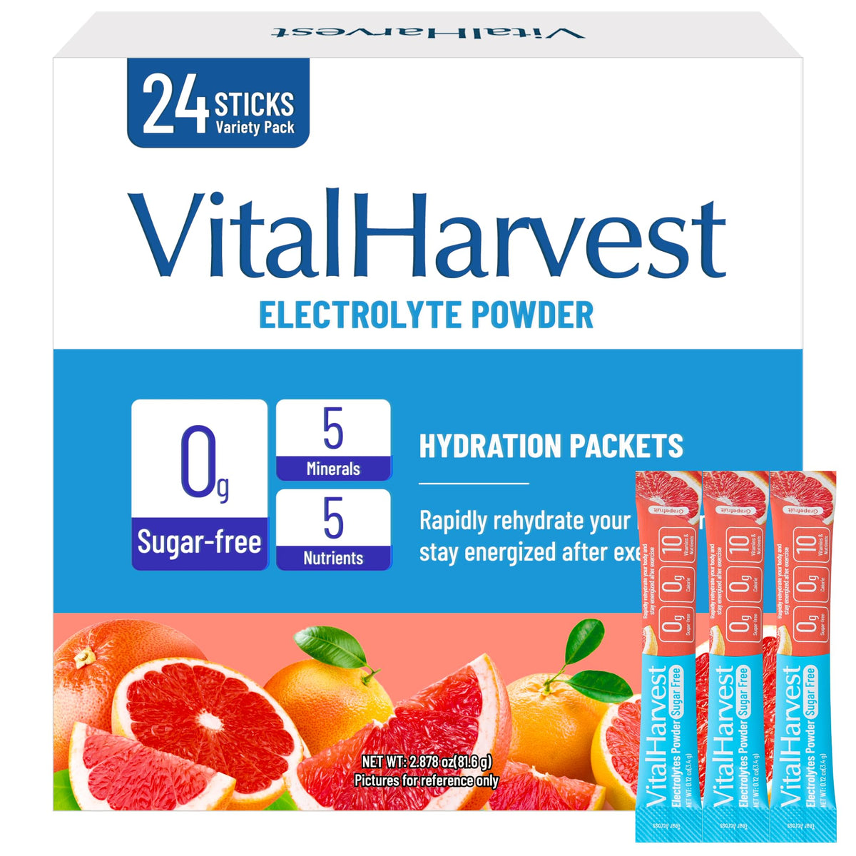 VitalHarvest Endure frente del empaque mostrando 24 sobres y beneficios visibles